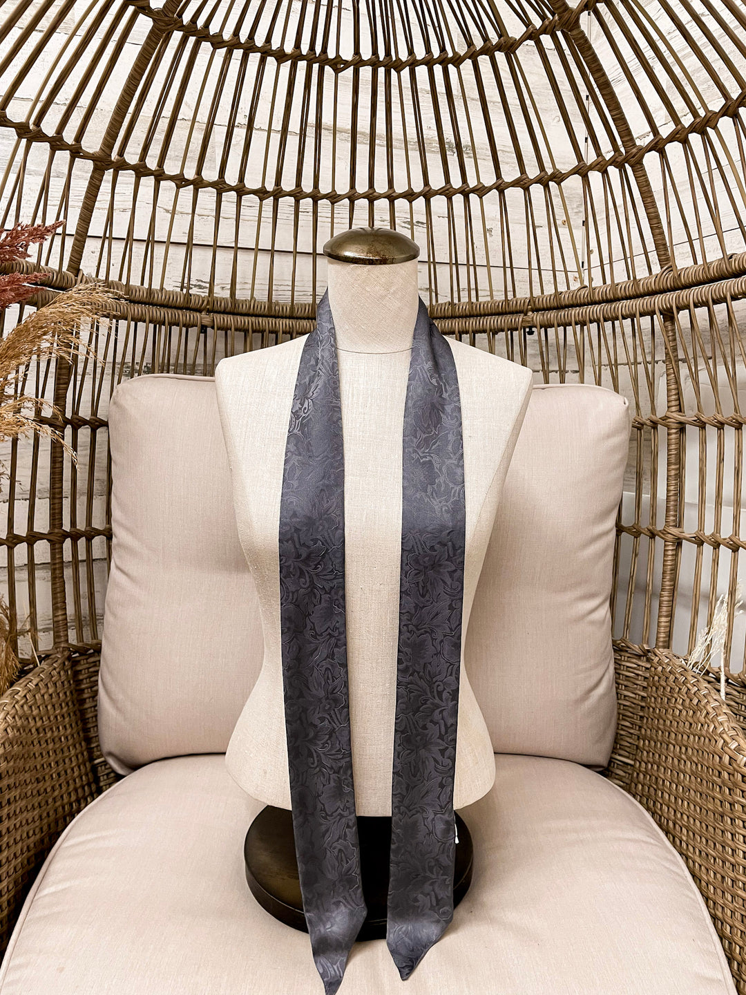 Wyoming Traders | Jacquard Print Silk Twilly Scarf in Charcoal Grey