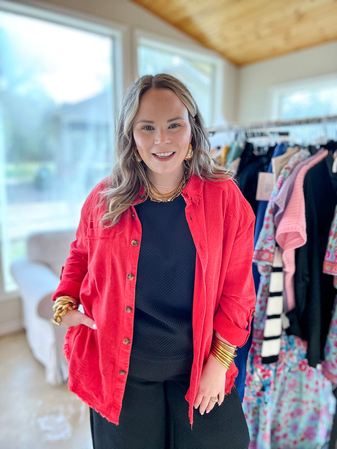 Classic Comfort Long Sleeve Linen Button Up in Cherry Red - Giddy Up Glamour Boutique