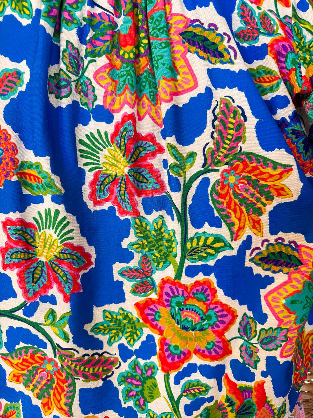Color Me Happy Floral Print Midi Dress with Tie Neckline and Puff Sleeves in Royal Blue