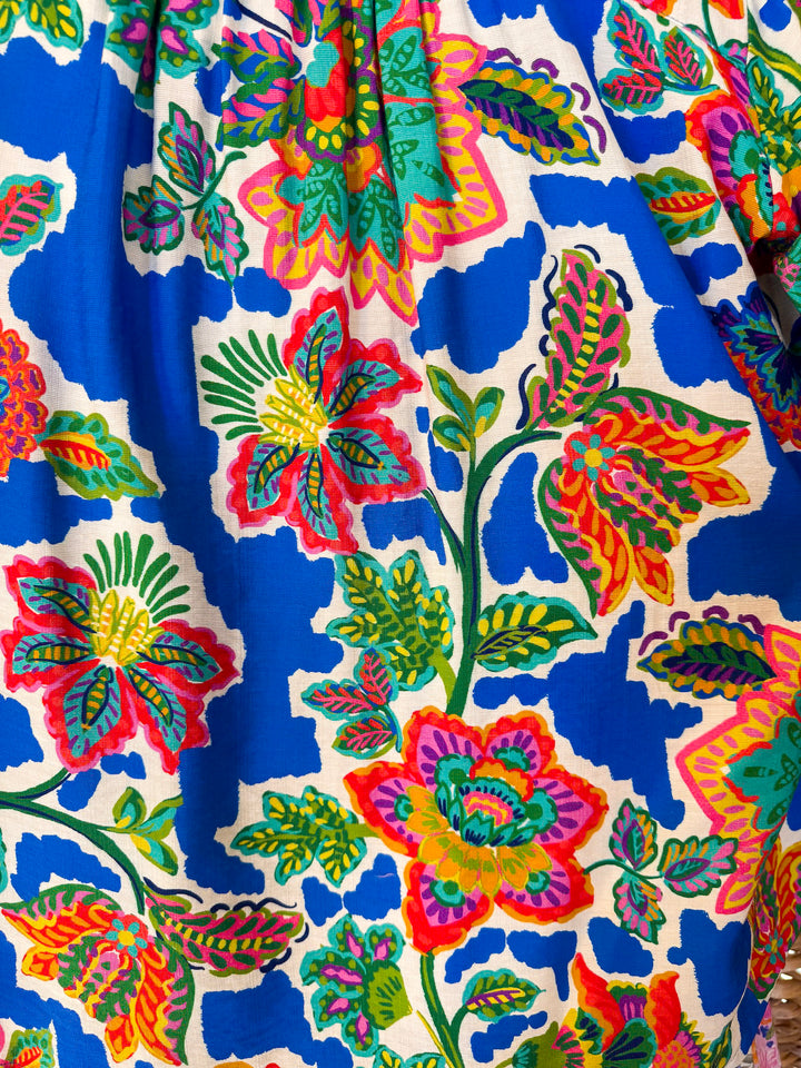 Color Me Happy Floral Print Midi Dress with Tie Neckline and Puff Sleeves in Royal Blue