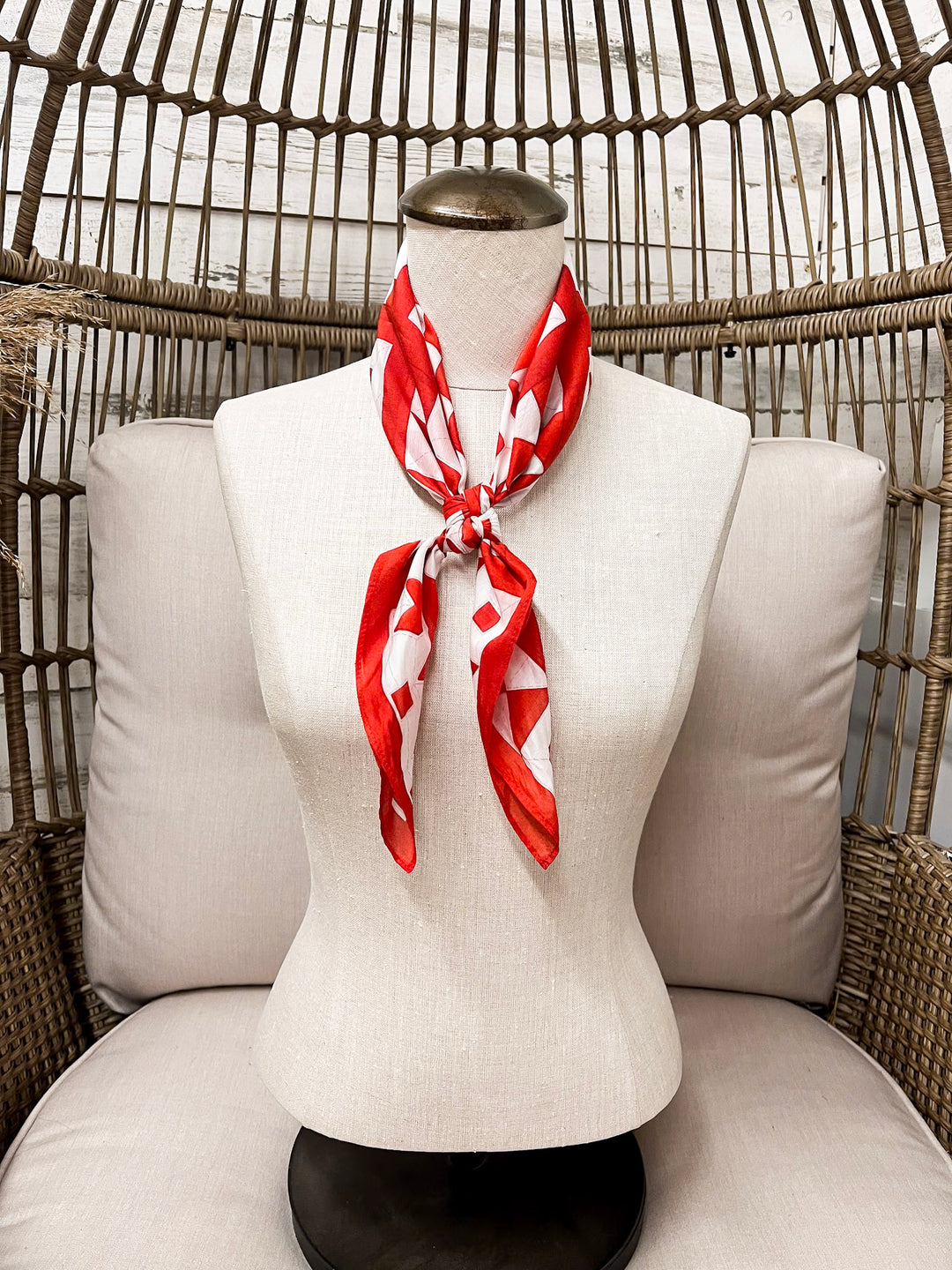 XOXO Art & Co | Red & White Quilted Print Shorty Wild Rag Scarf in Red and White