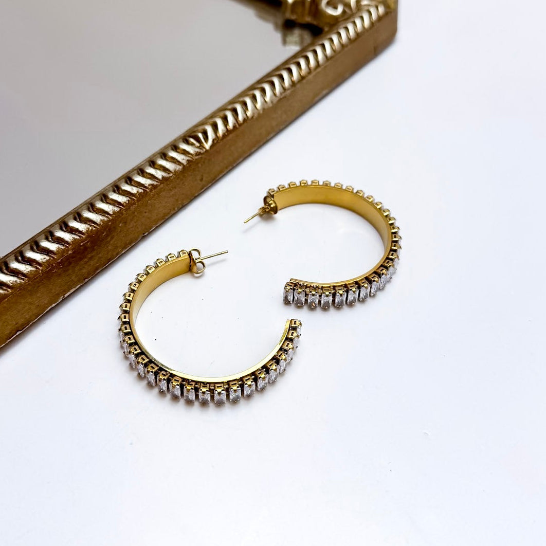 CHANSUTT PEARLS | Large Baguette Rectangle Rhinestone Hoop Earrings in Gold