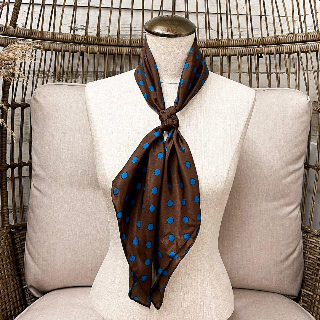 Wyoming Traders | Cowboy Polka Dot Silk Wild Rag Scarf in Mocha Brown and Turquoise