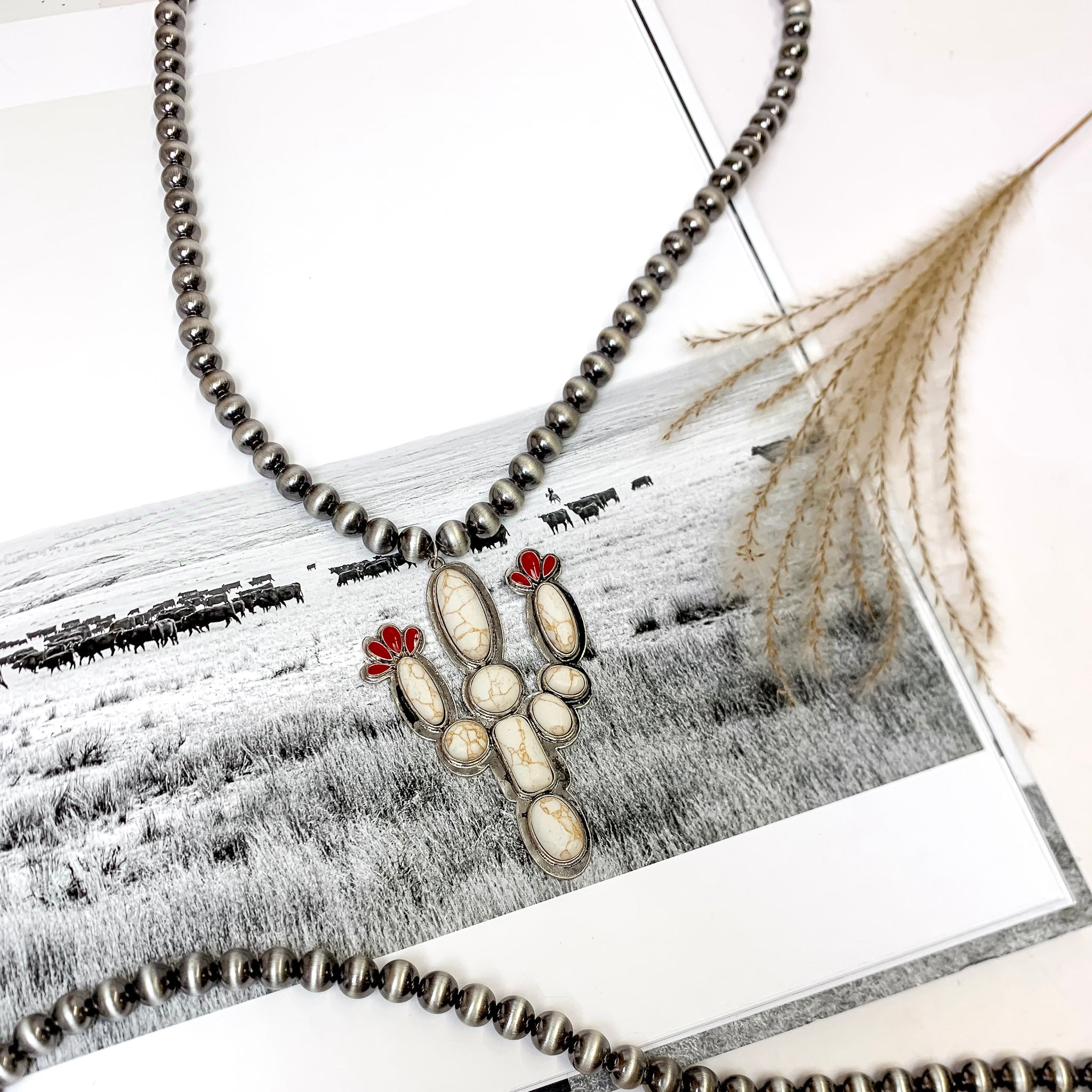 Faux Navajo Pearl Silver Tone Necklace with Stone Cactus Pendant in Ivory and Red