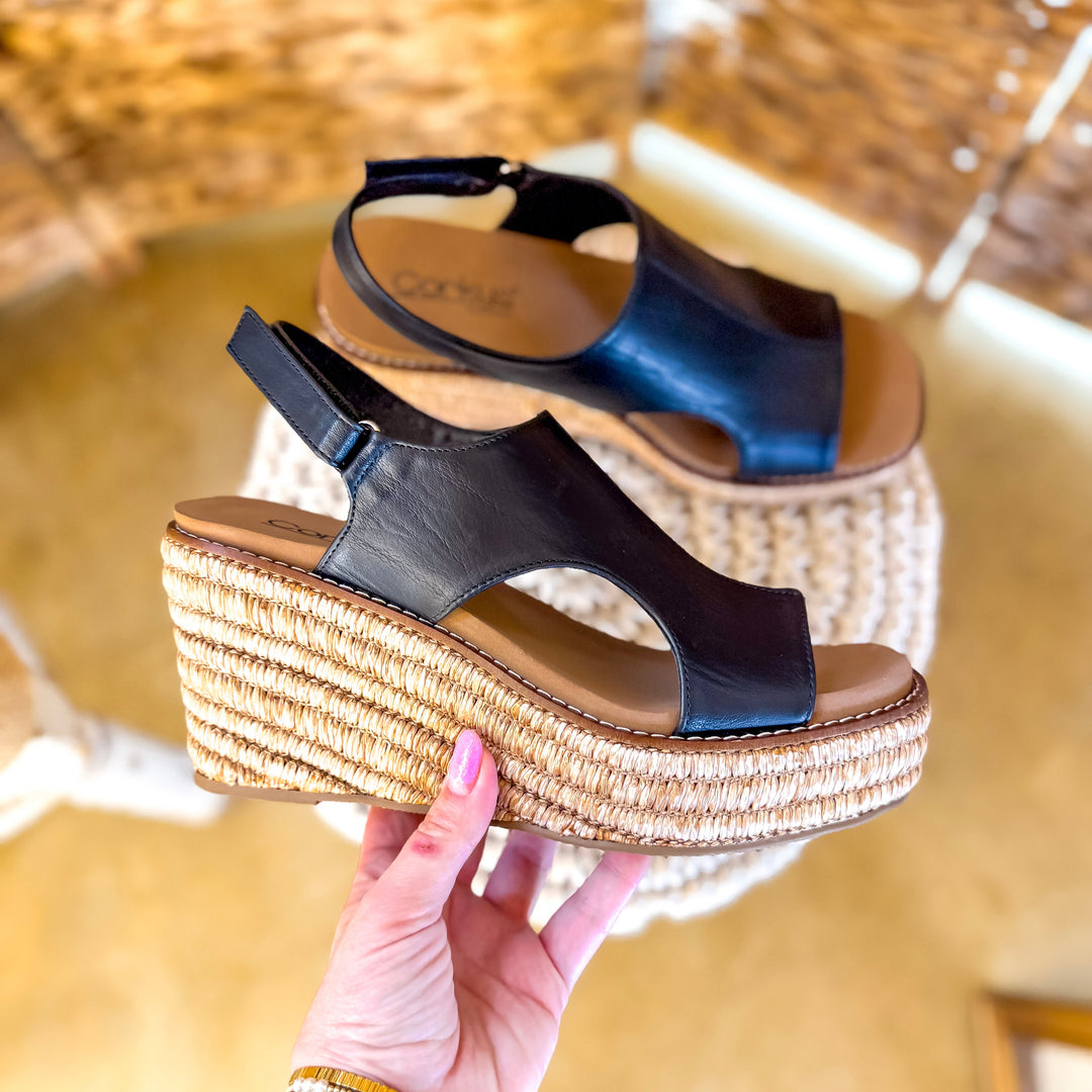 Corky's | Freddie Wedge Sandal with Velcro Strap in Black Smooth