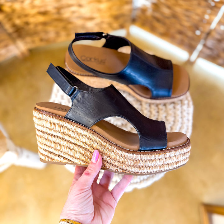 Corky's | Freddie Wedge Sandal with Velcro Strap in Black Smooth