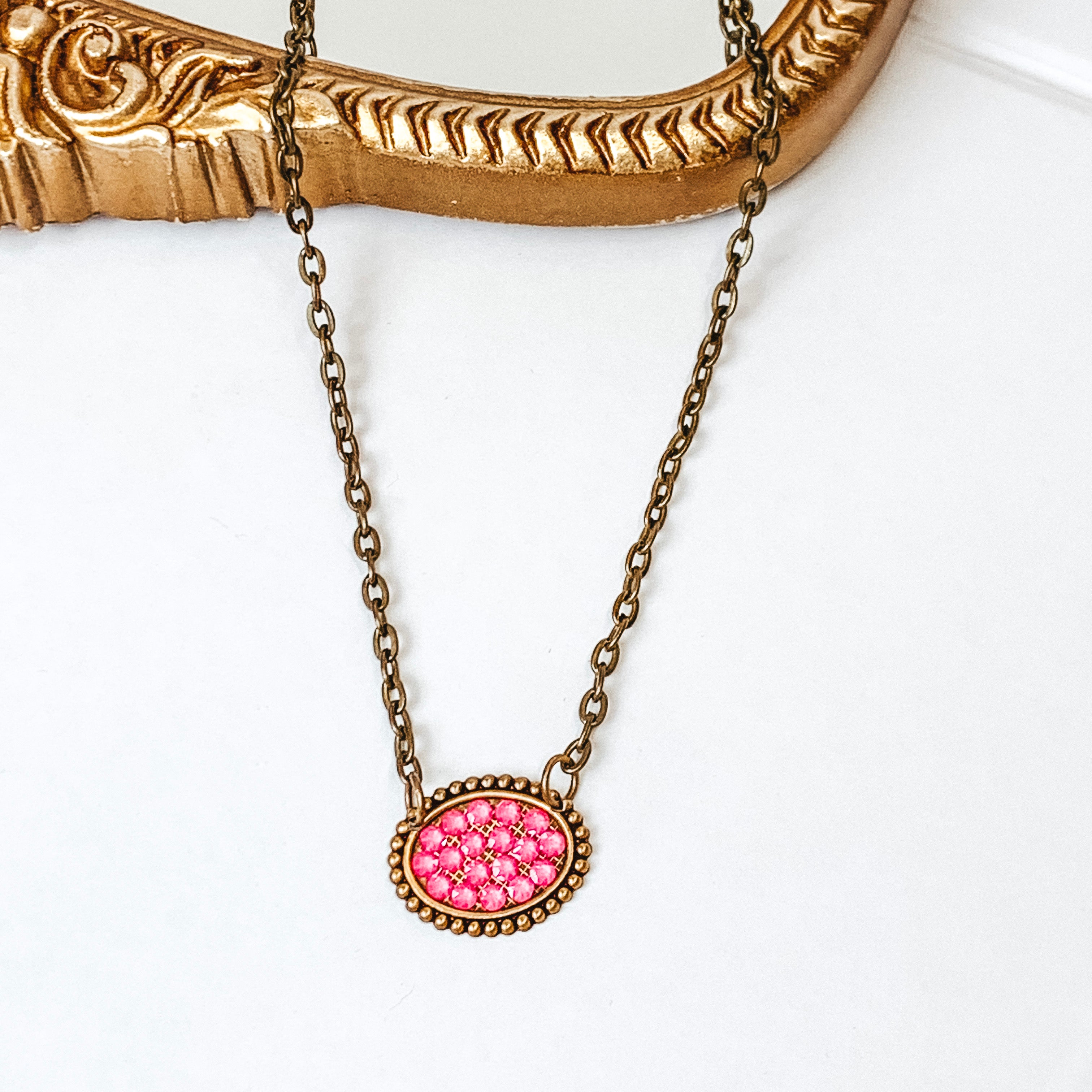 Pink Panache | Mini Bronze Oval Necklace with Pink Lotus Delight Crystals - Giddy Up Glamour Boutique