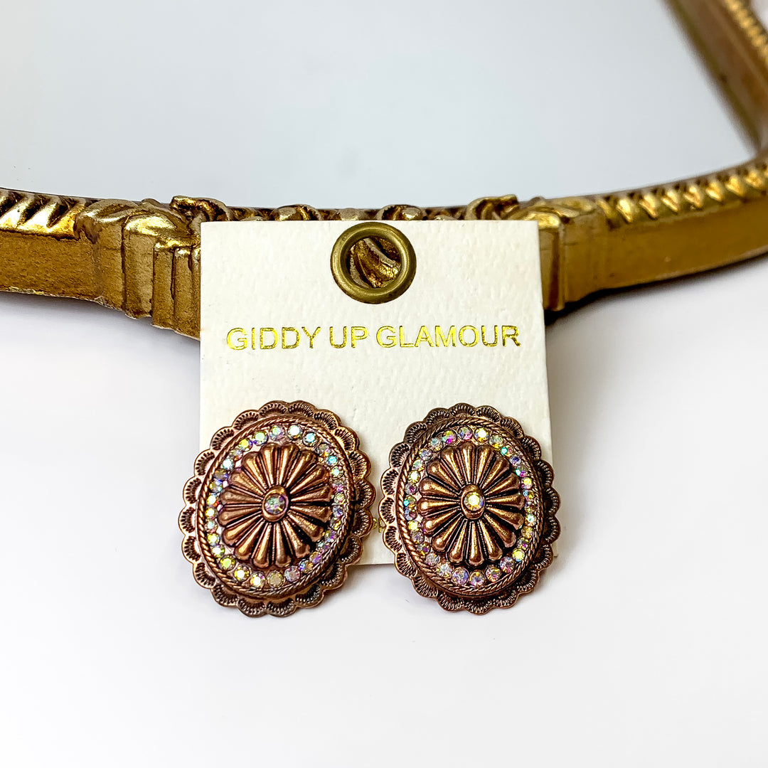 Copper Tone Concho Stud Earrings with AB Crystals - Giddy Up Glamour Boutique