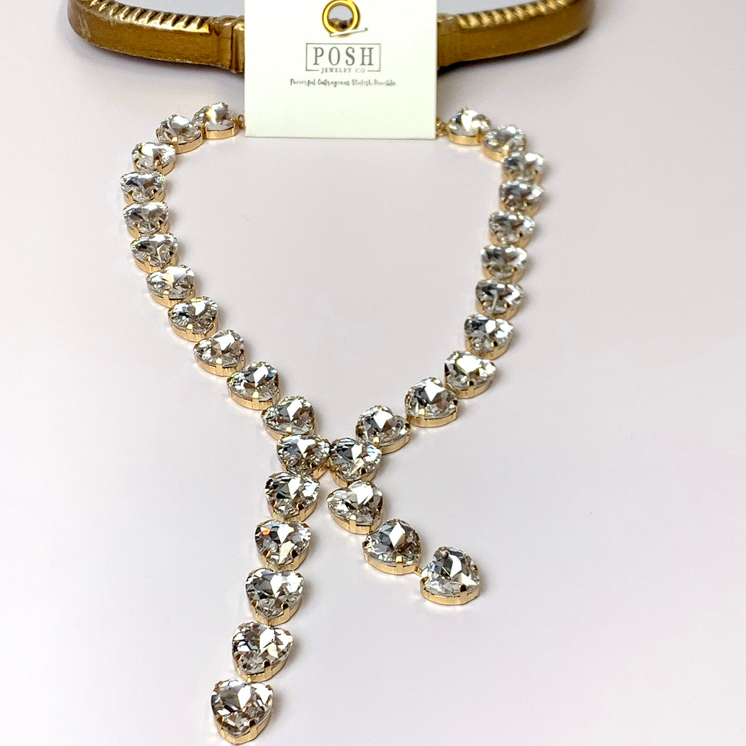 Posh by Pink Panache | Gold Tone Clear Heart Shaped Crystal Lariat Necklace - Giddy Up Glamour Boutique
