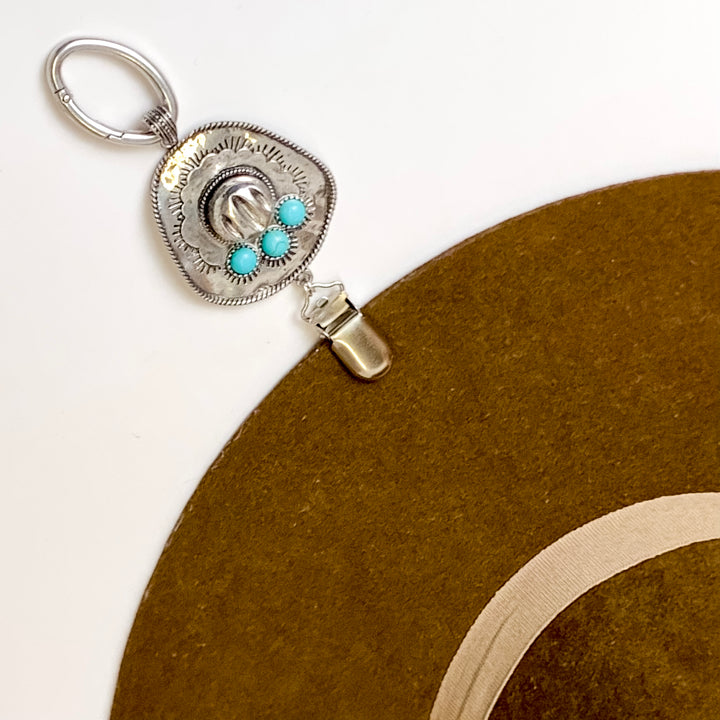 Silver Cowboy Hat with Faux Turquoise Accents Hat Clip - Giddy Up Glamour Boutique