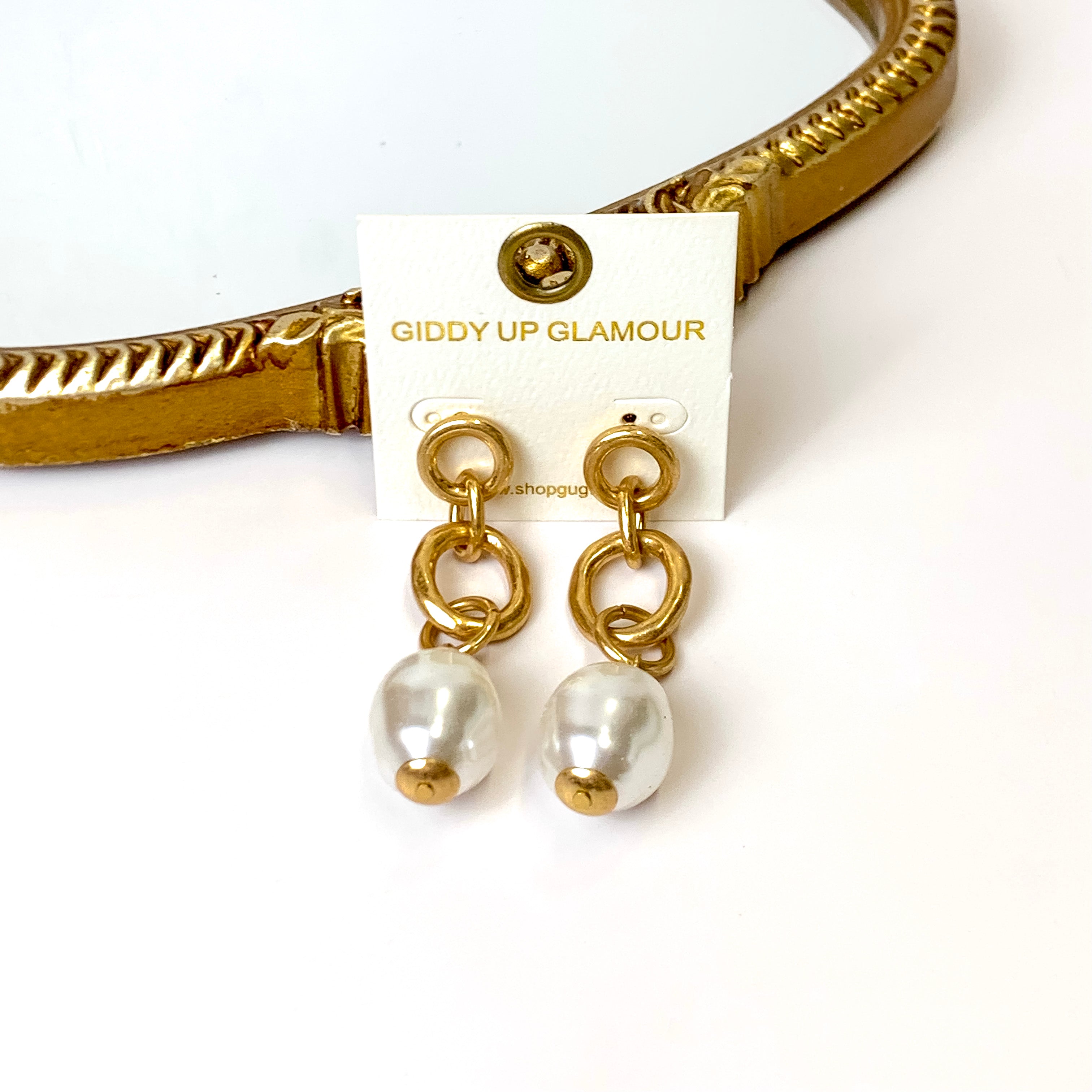 Gold Tone Chain Drop Earrings with Pearl Pendants - Giddy Up Glamour Boutique