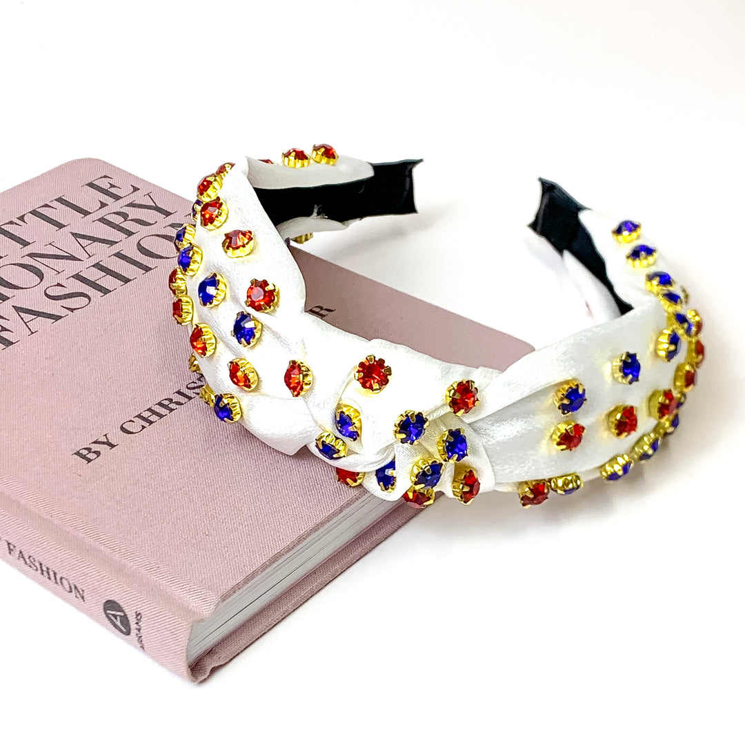 White Silk Knotted Headband with Red and Blue Crystal Detailing - Giddy Up Glamour Boutique