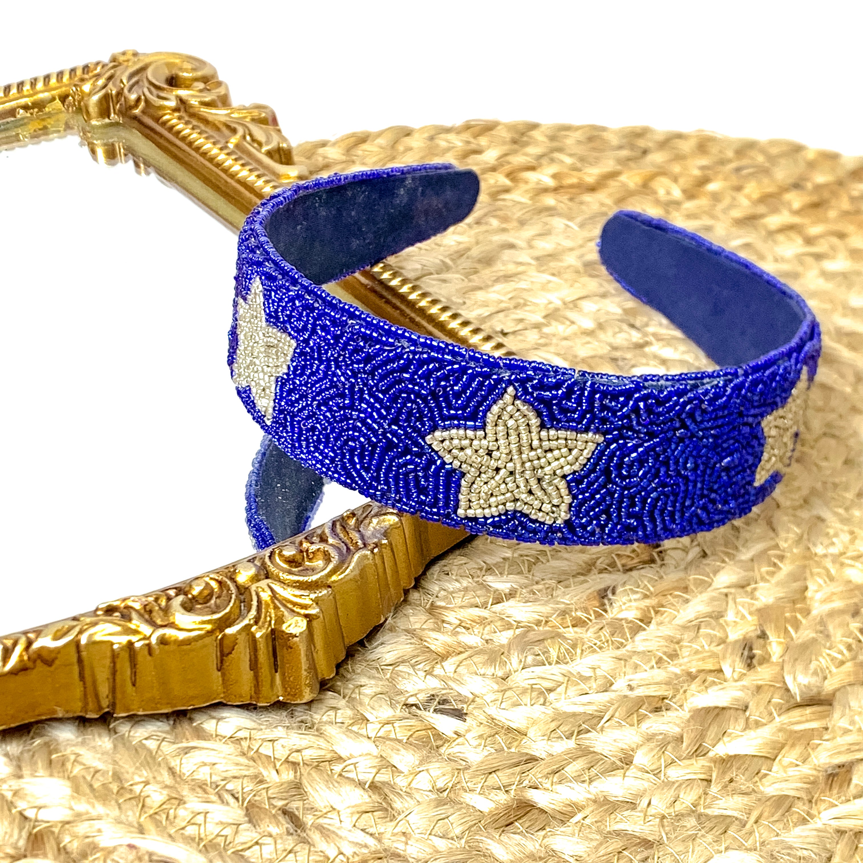 Team Spirit Navy Blue Seed Bead Headband with Silver Stars - Giddy Up Glamour Boutique