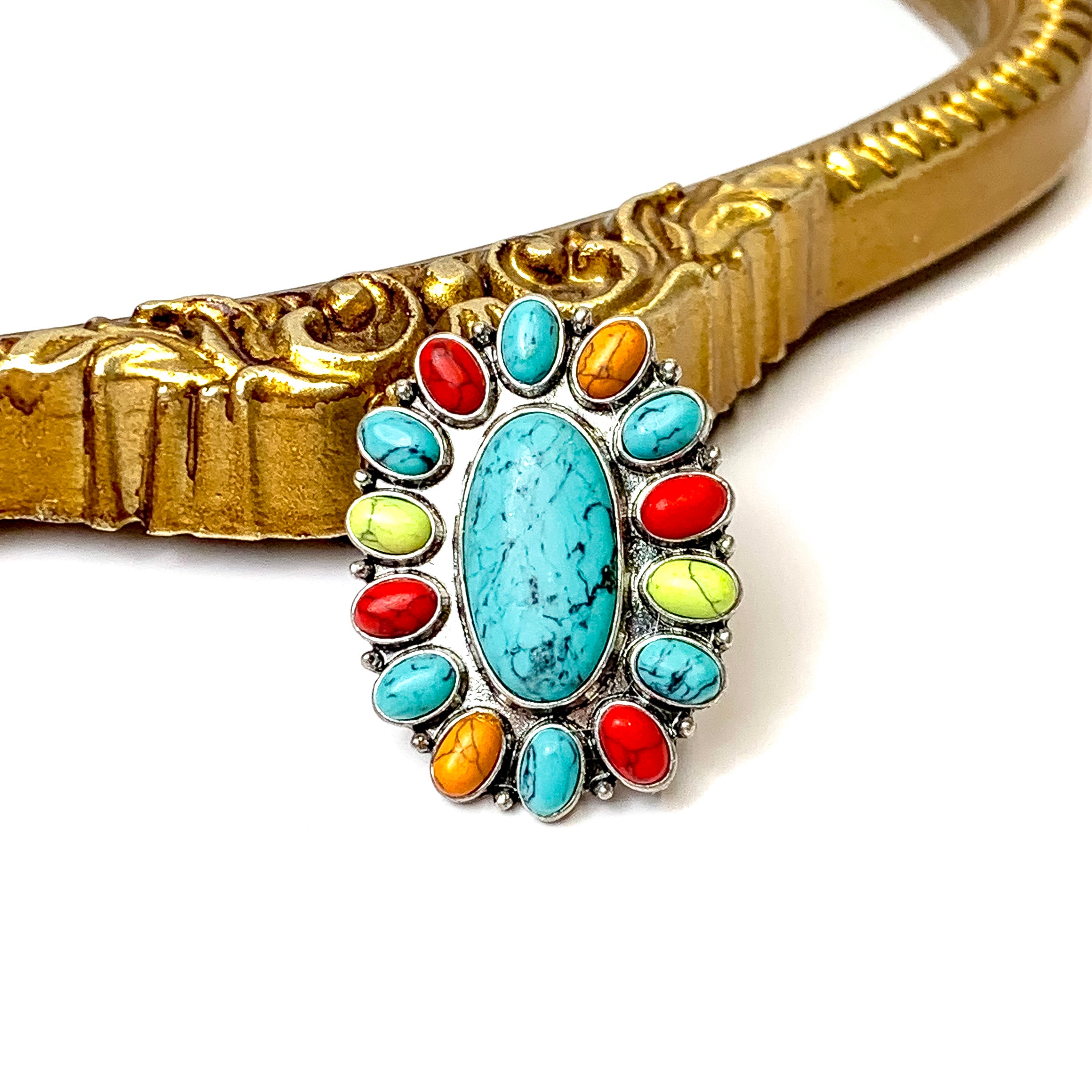 Western Oval Faux Turquoise Stretch Ring in Multicolor - Giddy Up Glamour Boutique