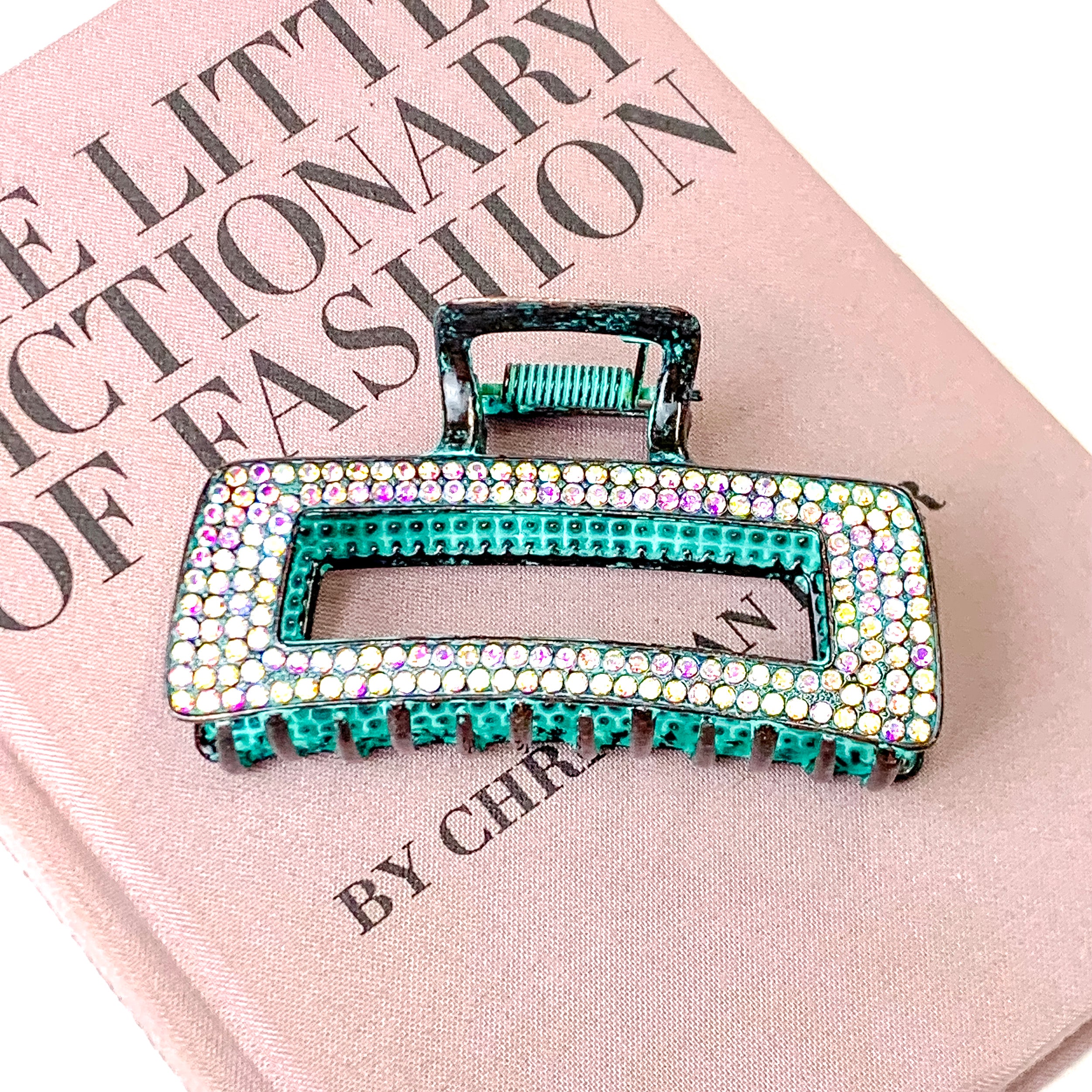 AB Crystal Embellished Metal Rectangle Hair Clip in Patina - Giddy Up Glamour Boutique