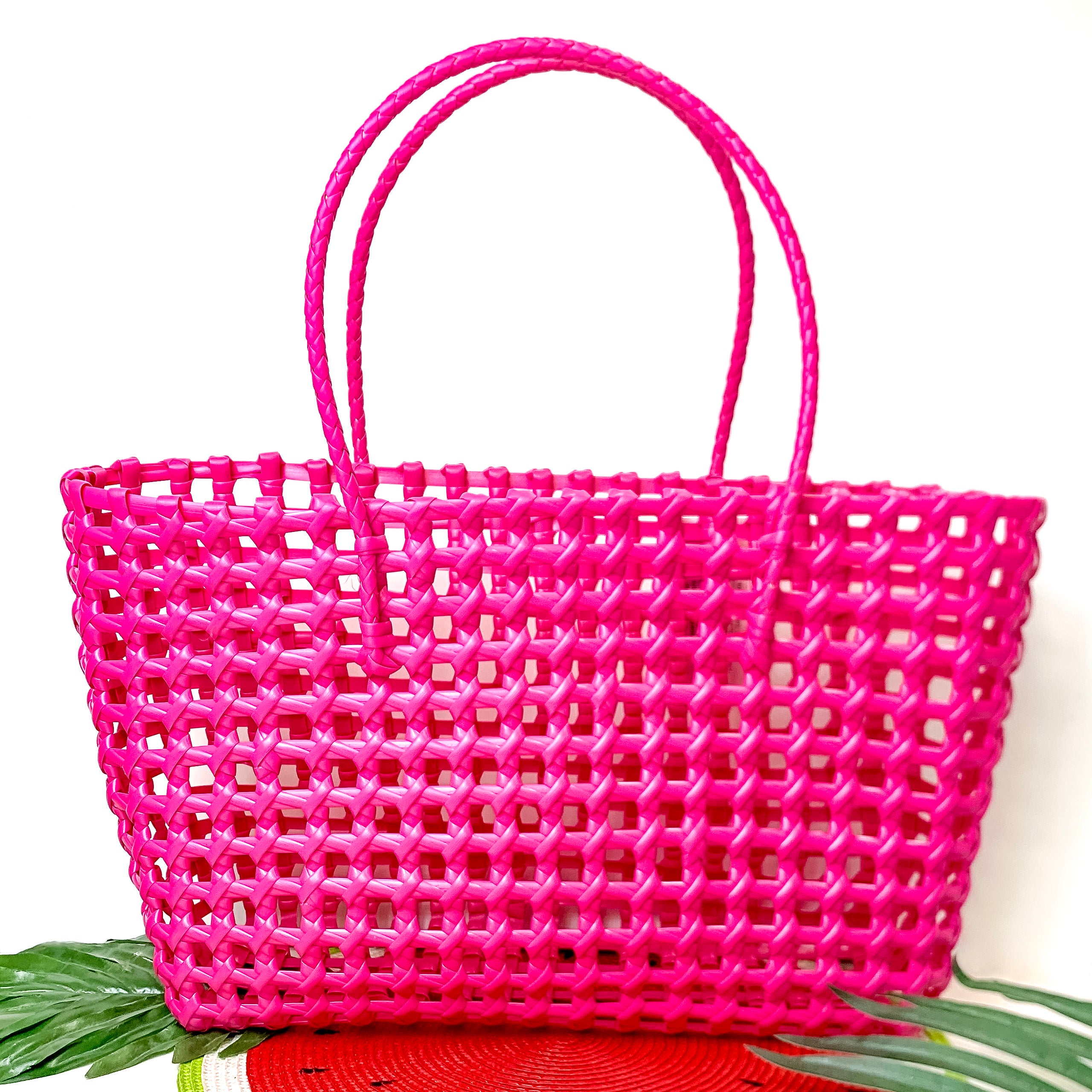 Beachy Brights Basket Tote Bag in Neon Pink