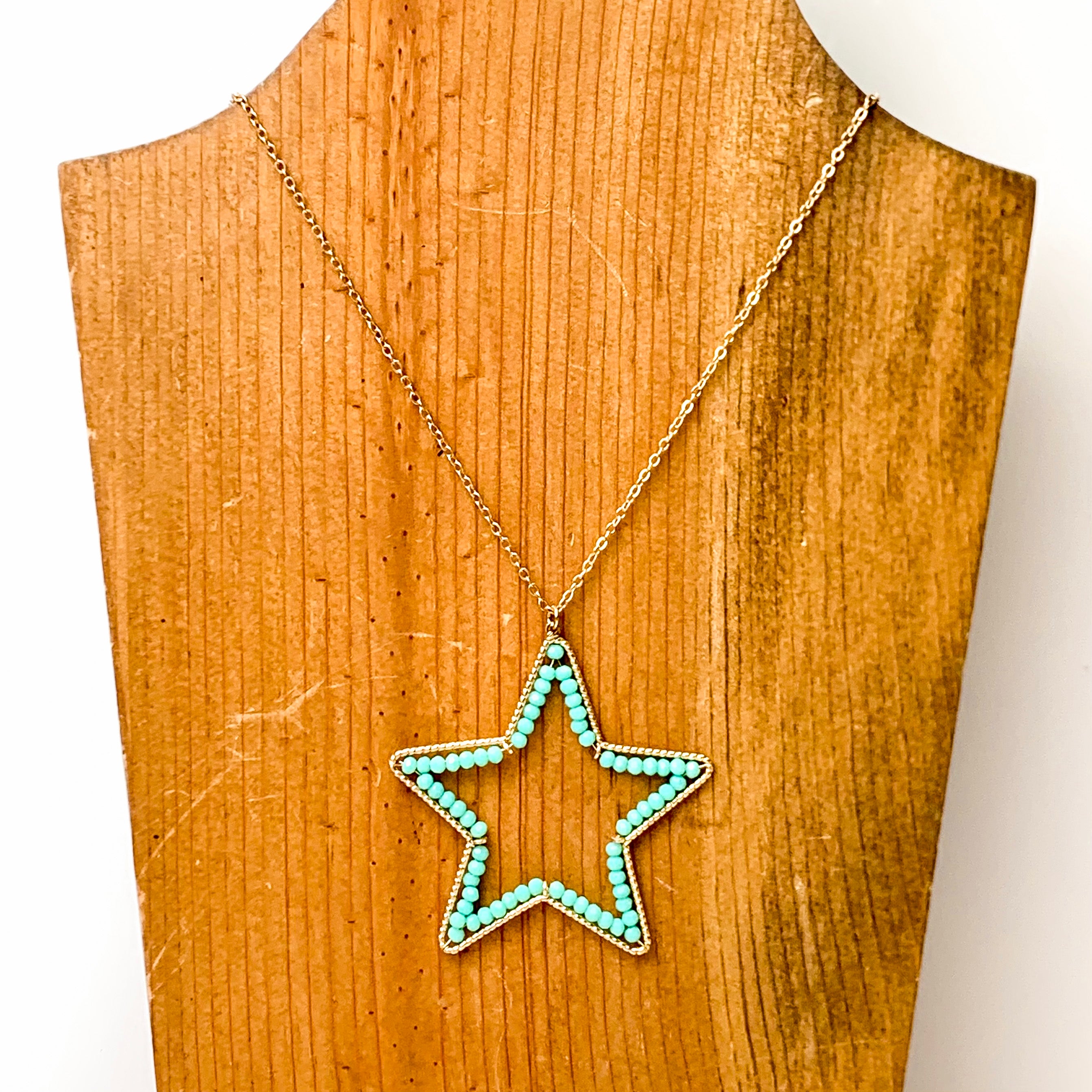 Star Spangled Beaded Gold Necklace in Aqua - Giddy Up Glamour Boutique