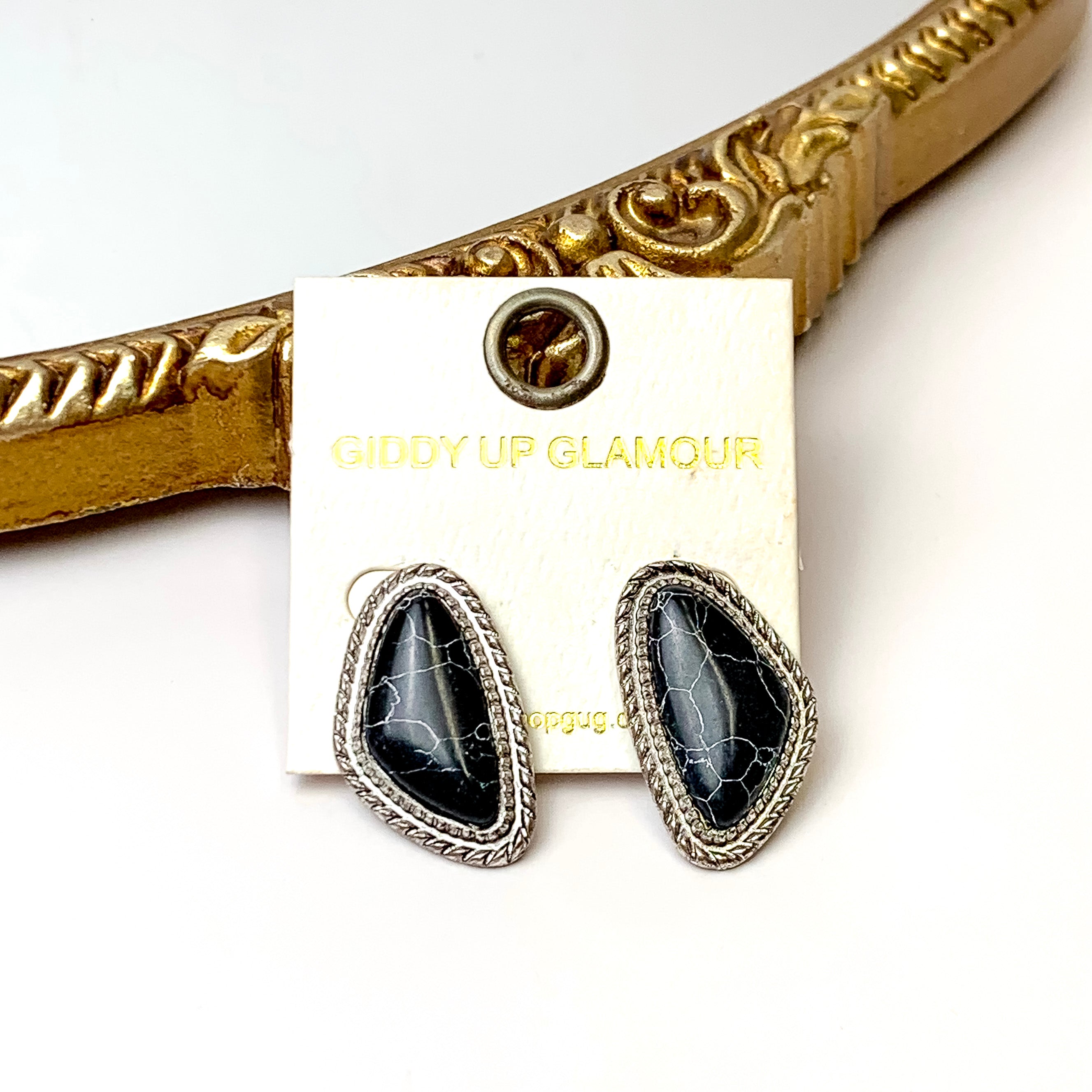 Silver Tone Irregular Shaped Faux Stone Post Earrings in Black - Giddy Up Glamour Boutique