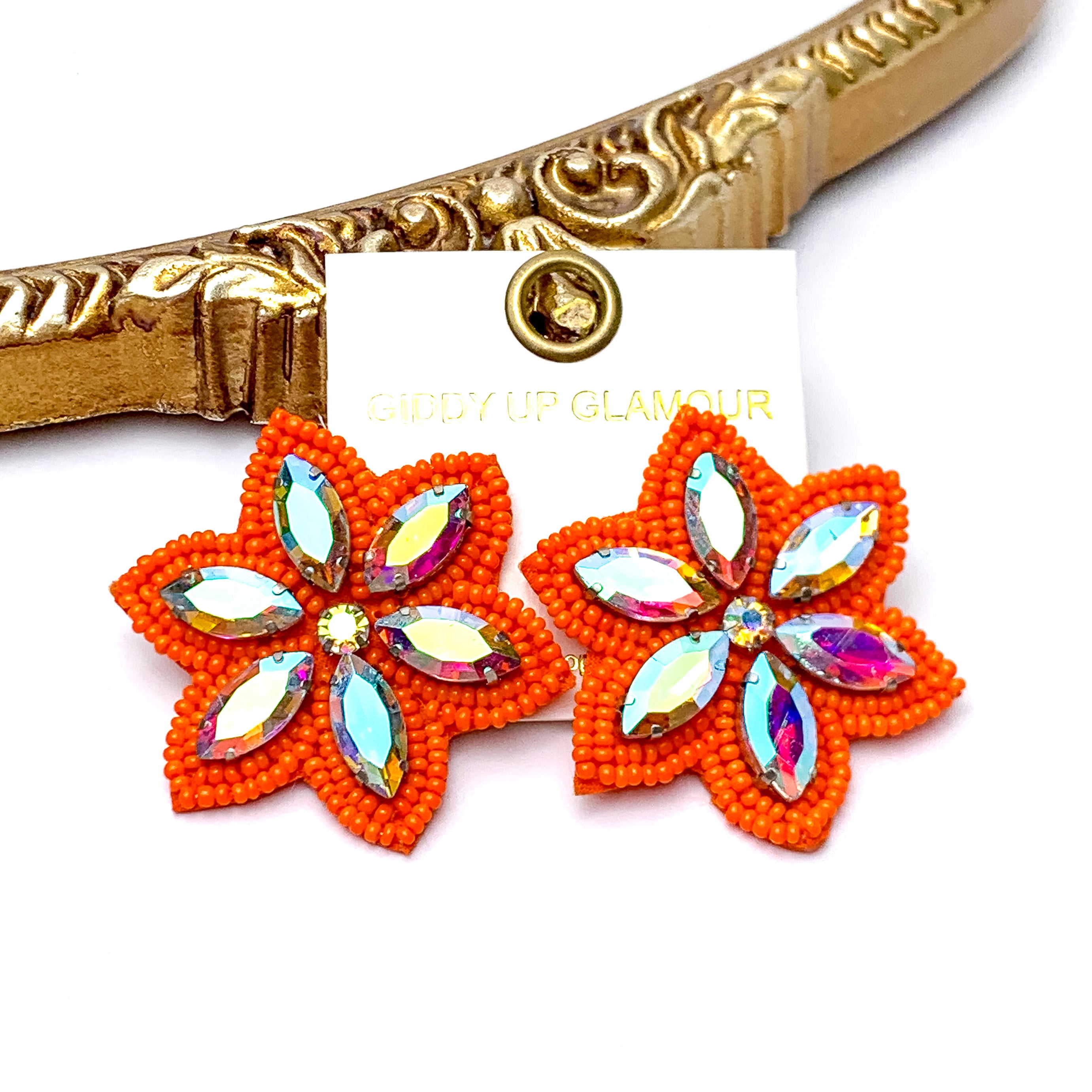Prismatic Petals Seed Bead Flower Stud Earrings with AB stones in Orange
