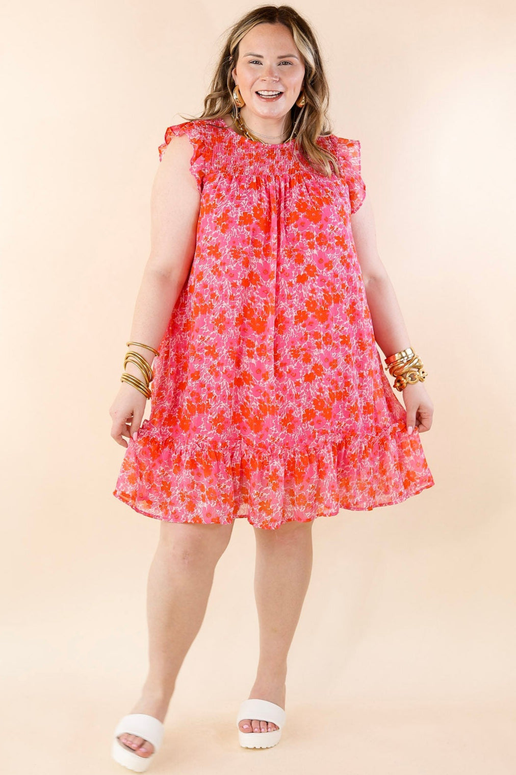 New To The Scene Floral Dress with Ruffle Cap Sleeves in Red and Pink - Giddy Up Glamour Boutique