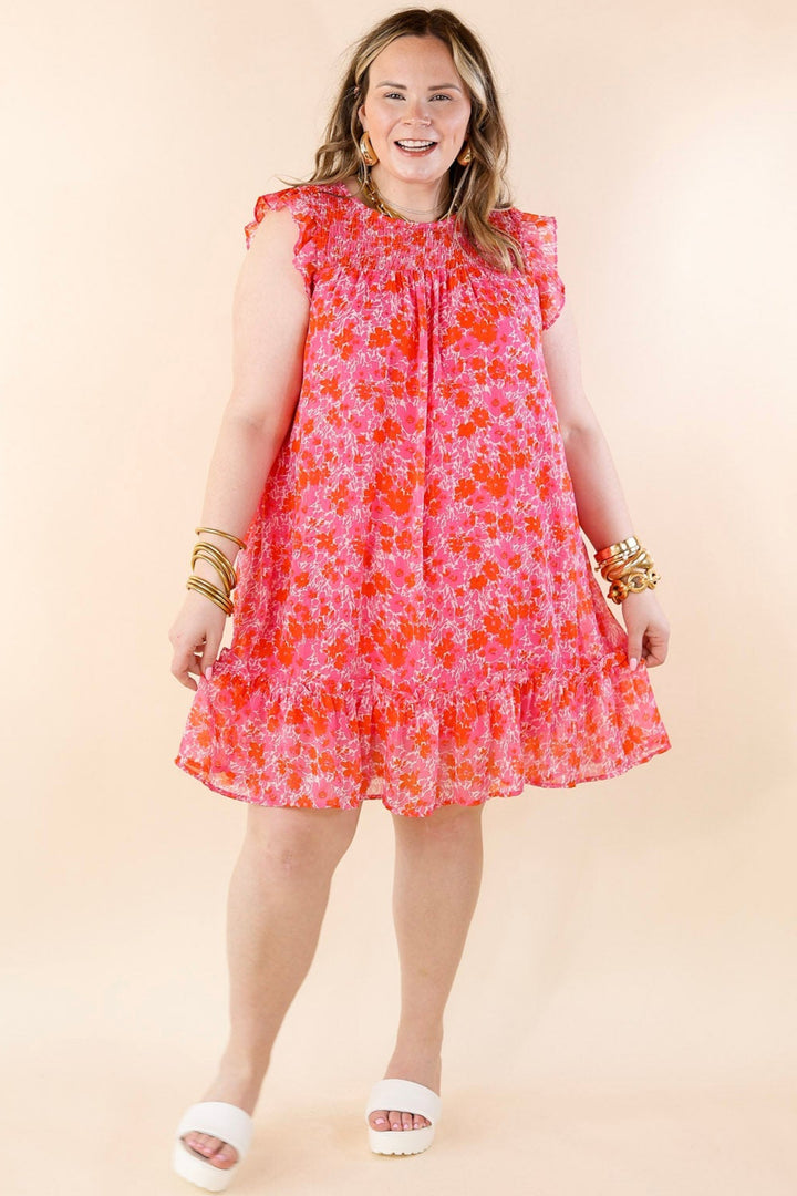 New To The Scene Floral Dress with Ruffle Cap Sleeves in Red and Pink - Giddy Up Glamour Boutique