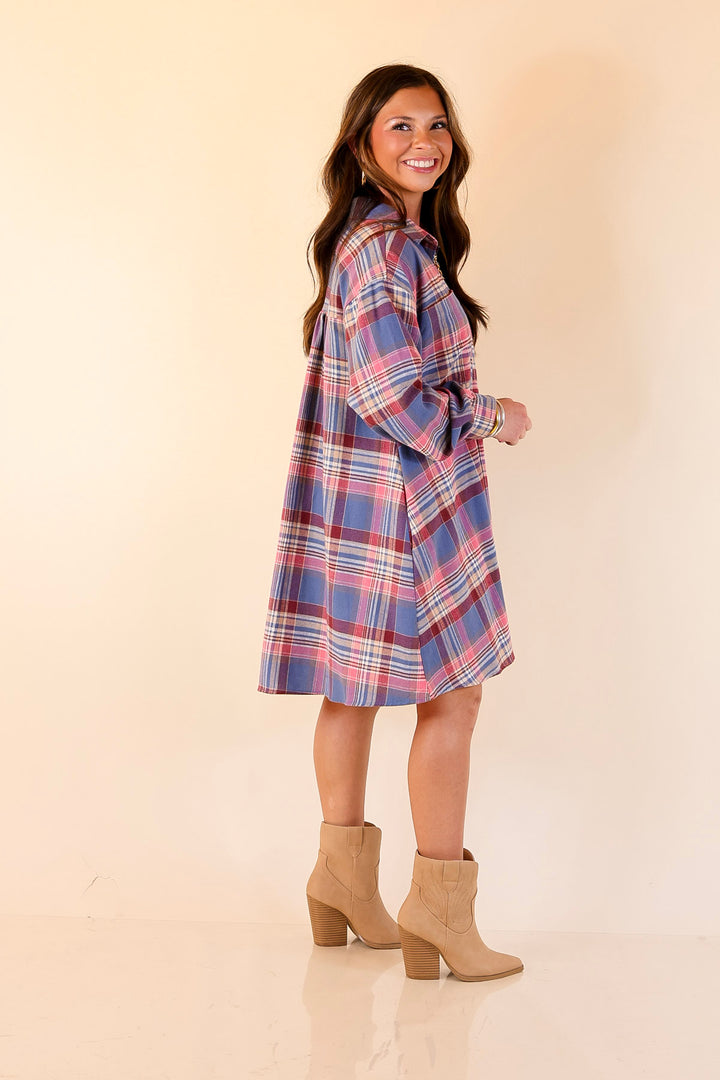 Vibrant Lifestyle Plaid Button Up Dress in Dusty Blue and Pink