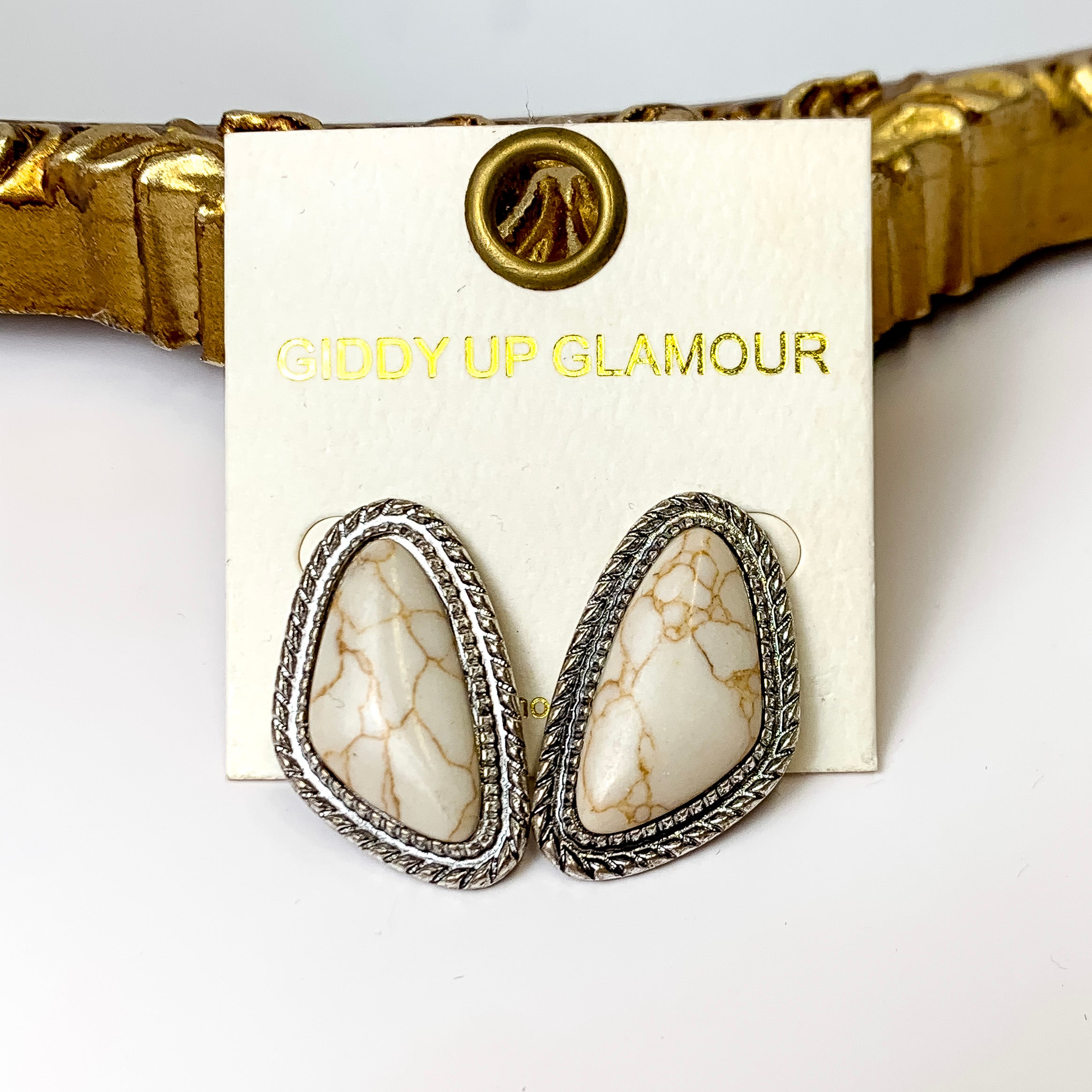Silver Tone Irregular Shaped Faux Stone Post Earrings in Ivory - Giddy Up Glamour Boutique