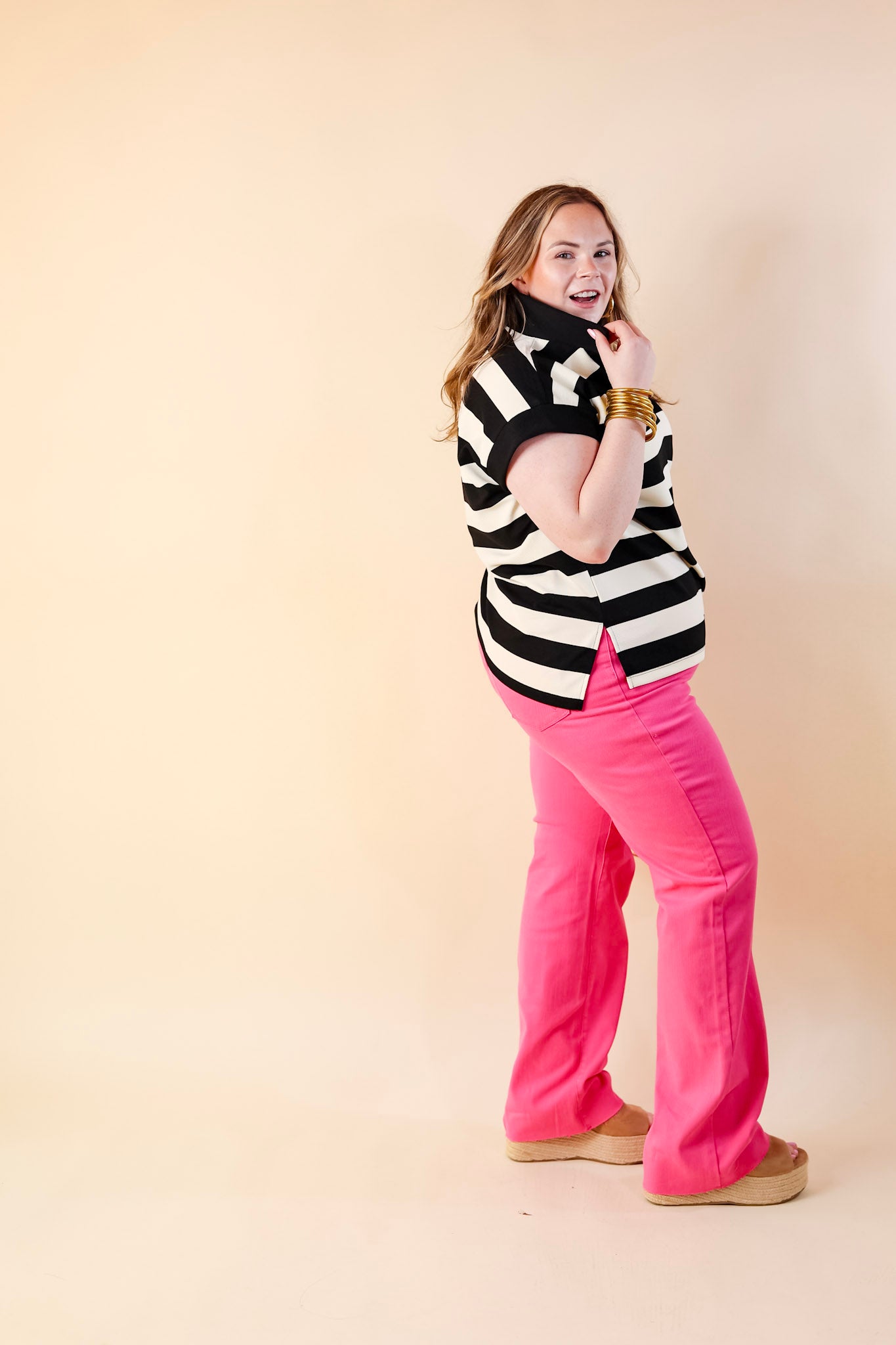 Stripe it Simple Collared Stripe Top with Drop Sleeves in Black and Cream - Giddy Up Glamour Boutique