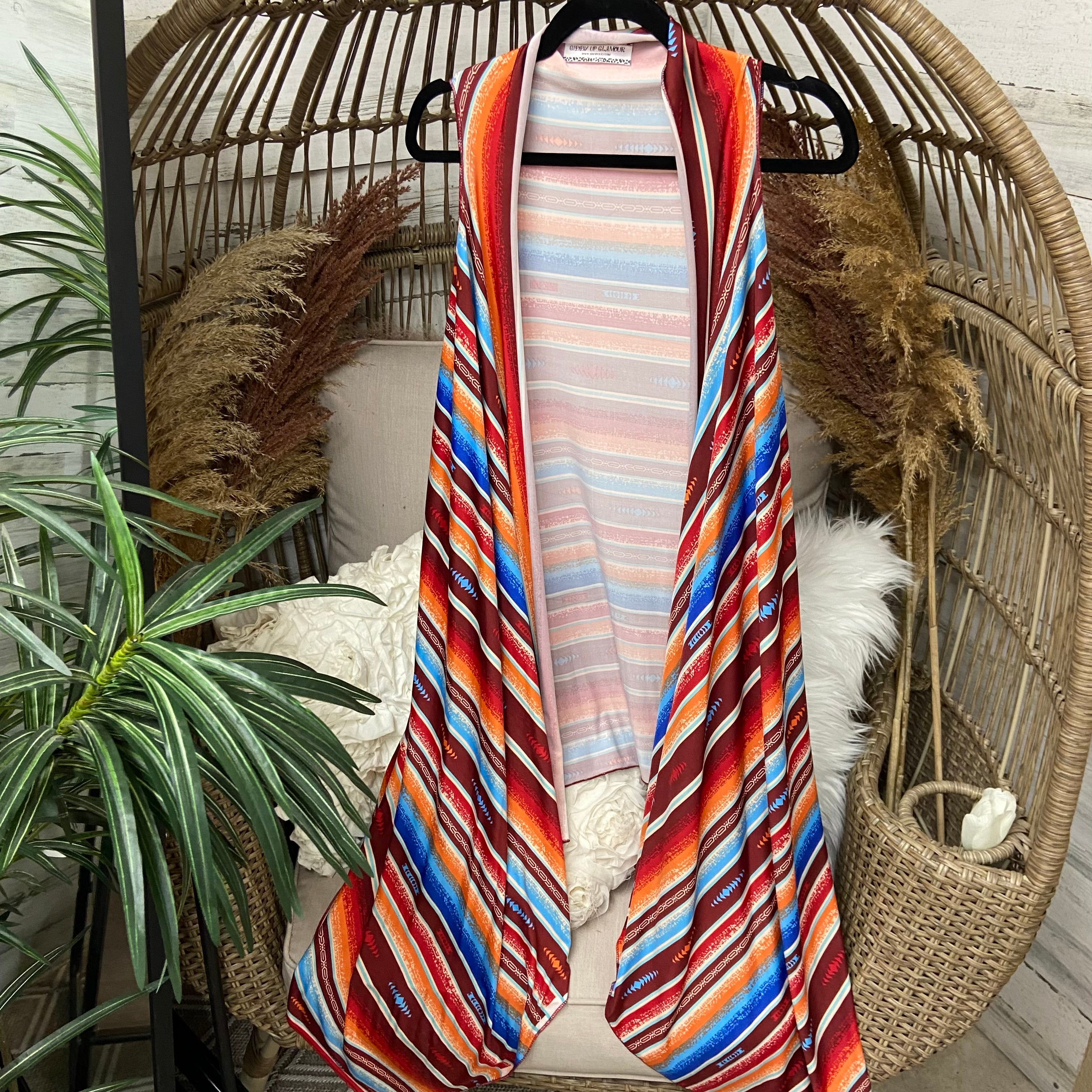 Serape Print Vest with Waterfall Hemline in Orange and Blue Mix - Giddy Up Glamour Boutique