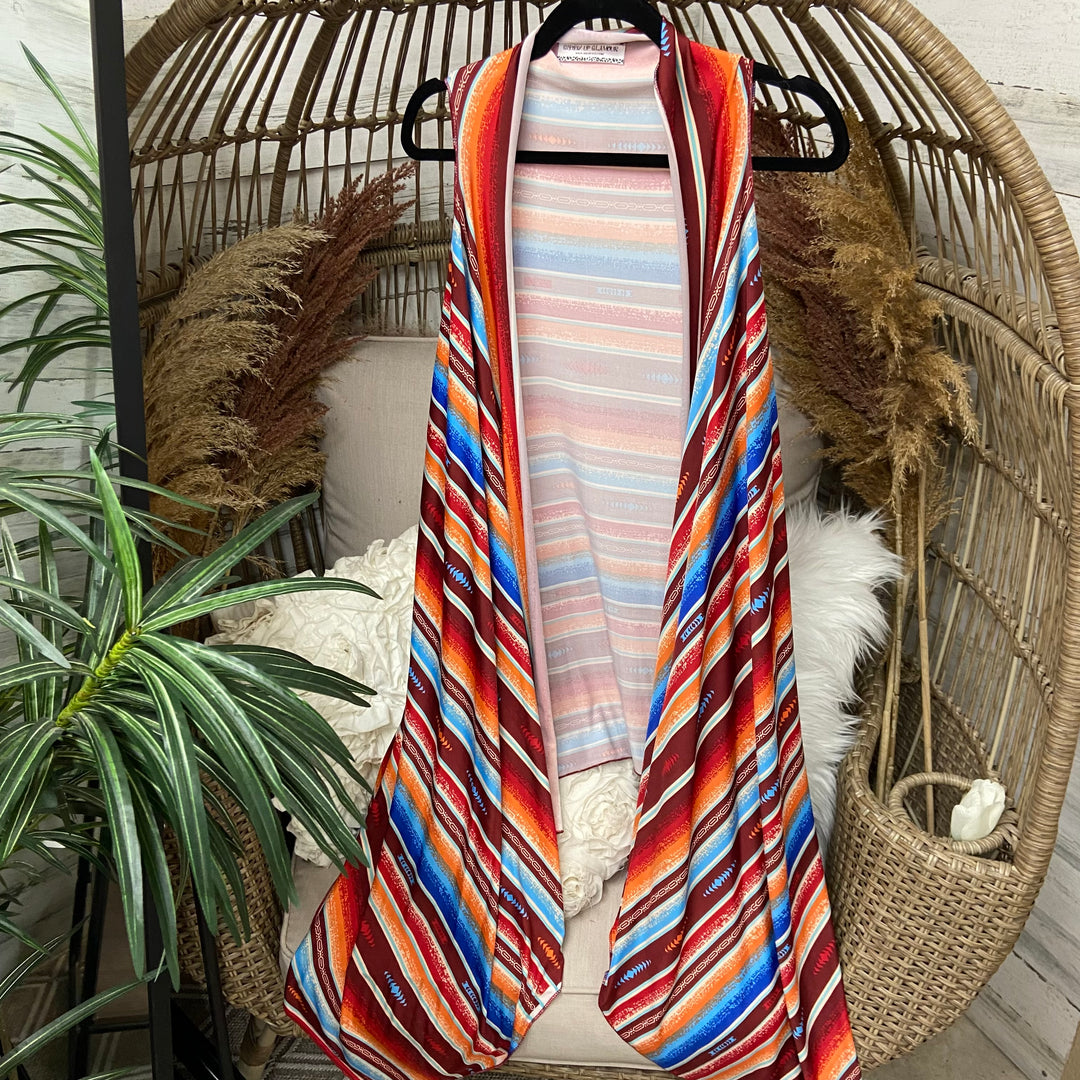 Serape Print Vest with Waterfall Hemline in Orange and Blue Mix - Giddy Up Glamour Boutique