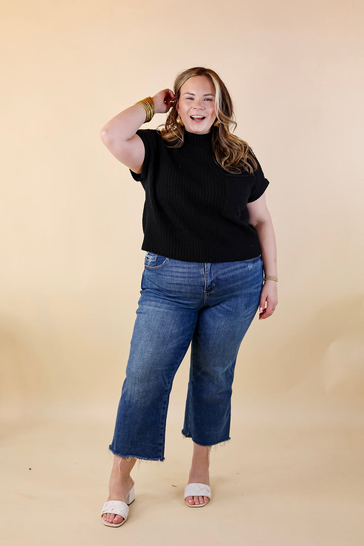City Sights Cap Sleeve Summer Sweater Top with Pocket in Black - Giddy Up Glamour Boutique