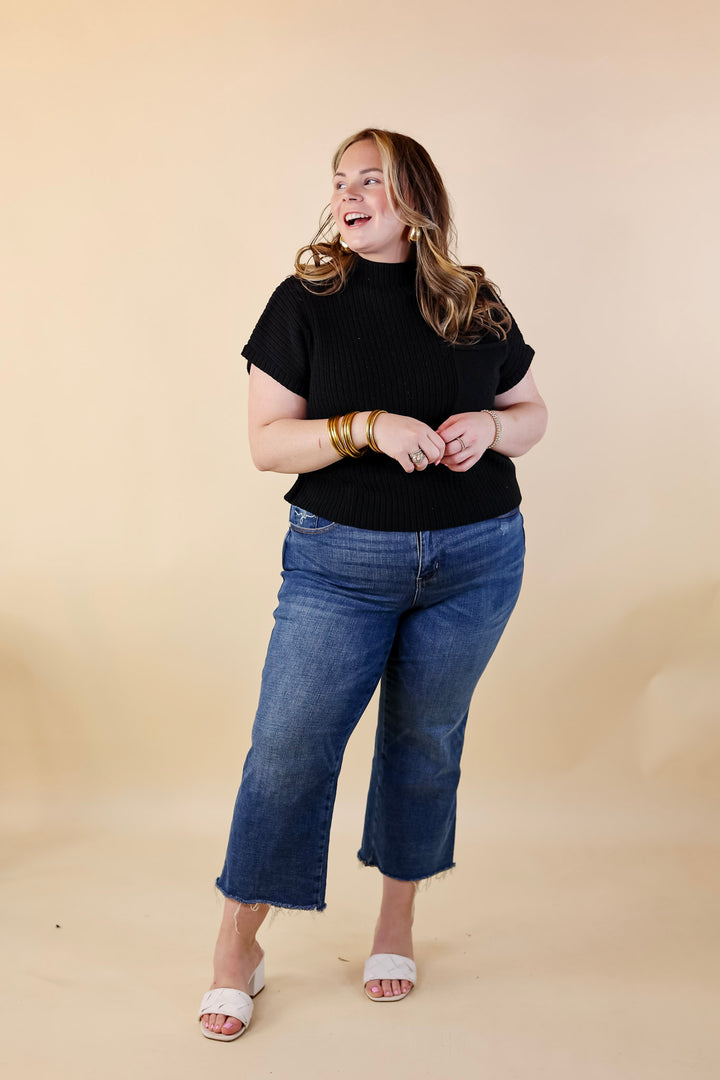 City Sights Cap Sleeve Summer Sweater Top with Pocket in Black - Giddy Up Glamour Boutique