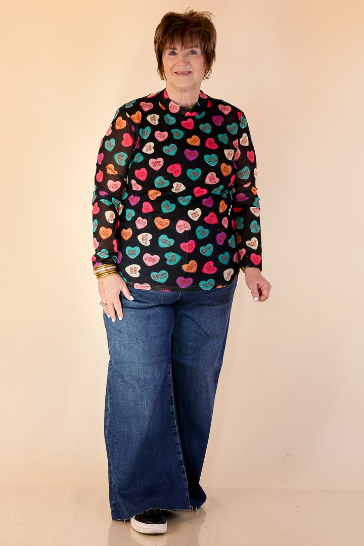 Sheer Confidence Western Theme Conversation Heart Print Mesh Long Sleeve Top in Black