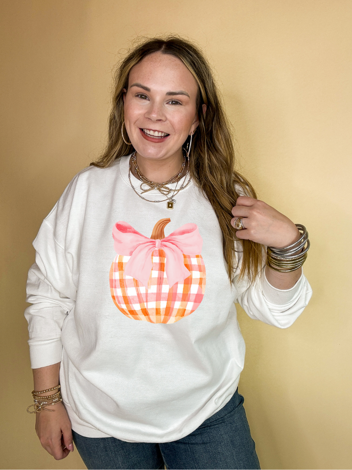 Online Exclusive | Charming Orange and White Plaid Pumpkin with Pink Bow Graphic Sweatshirt in Multiple Color Options