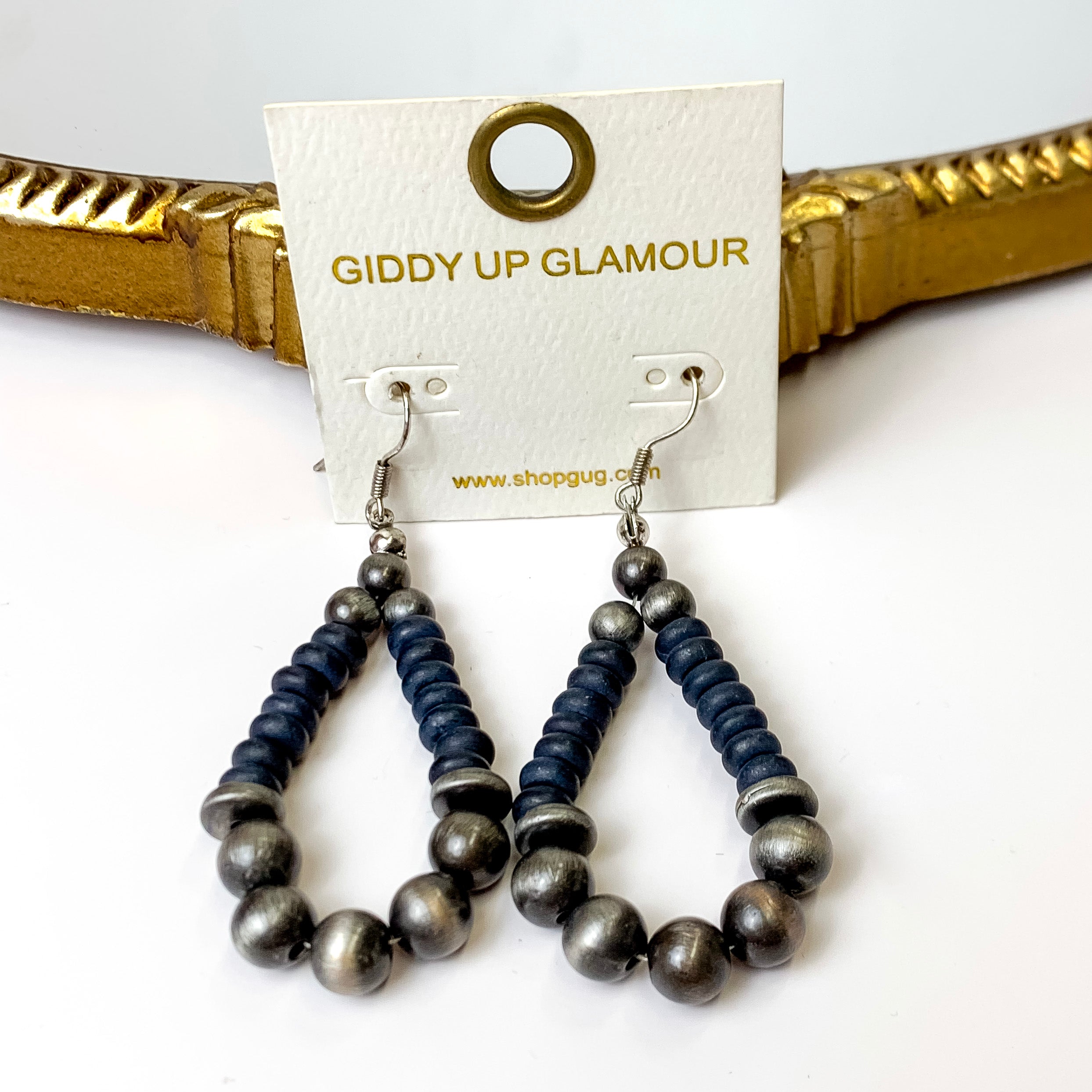 Faux Navajo Teardrop Beaded Earrings in Silver Tone and Navy Blue - Giddy Up Glamour Boutique