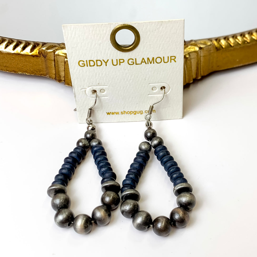 Faux Navajo Teardrop Beaded Earrings in Silver Tone and Navy Blue - Giddy Up Glamour Boutique