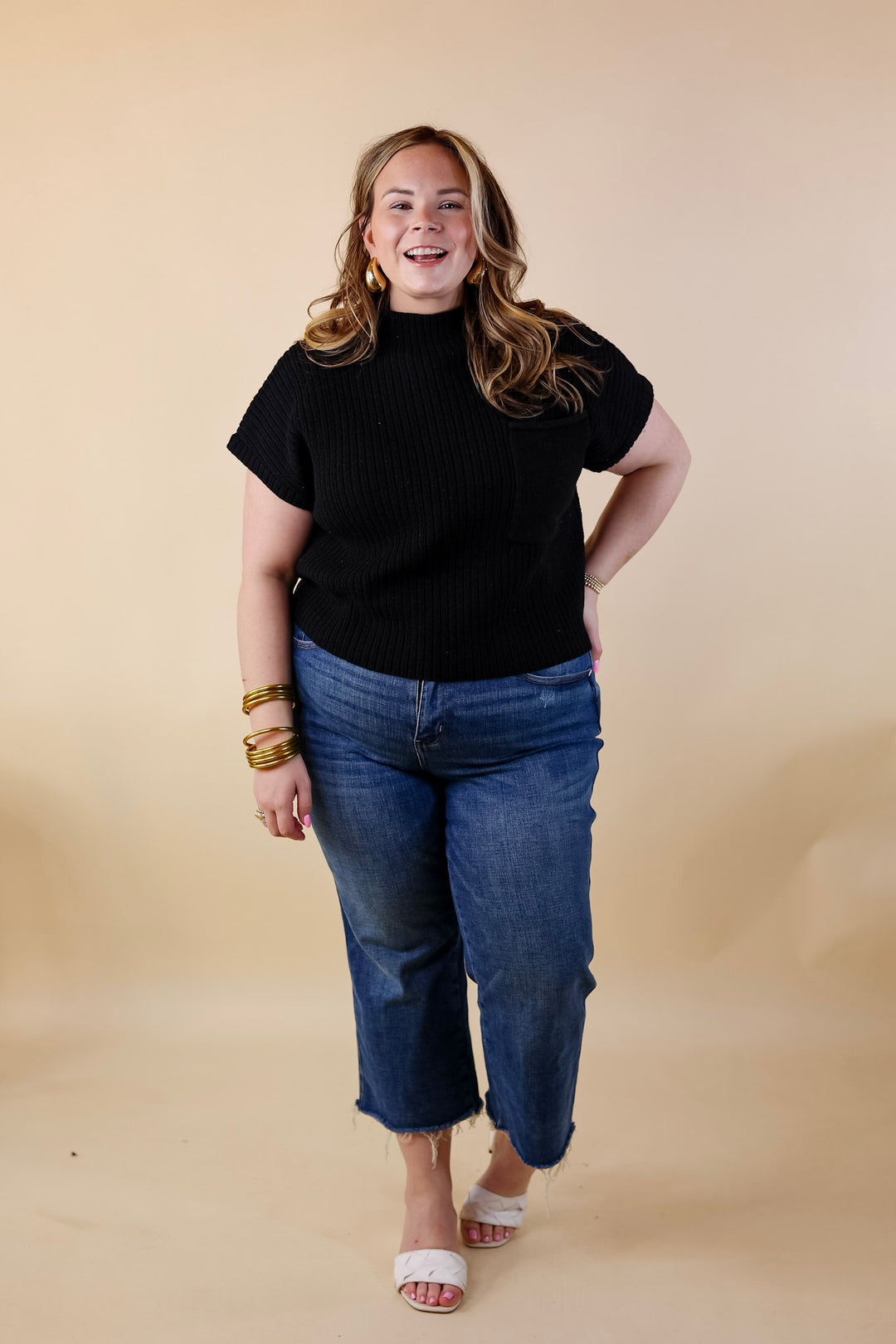 City Sights Cap Sleeve Summer Sweater Top with Pocket in Black - Giddy Up Glamour Boutique