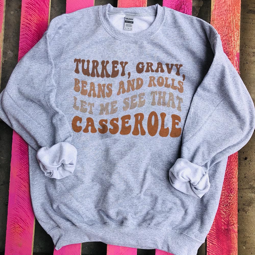 Online Exclusive | Let Me See That Casserole Long Sleeve Graphic Sweatshirt in Gray - Giddy Up Glamour Boutique