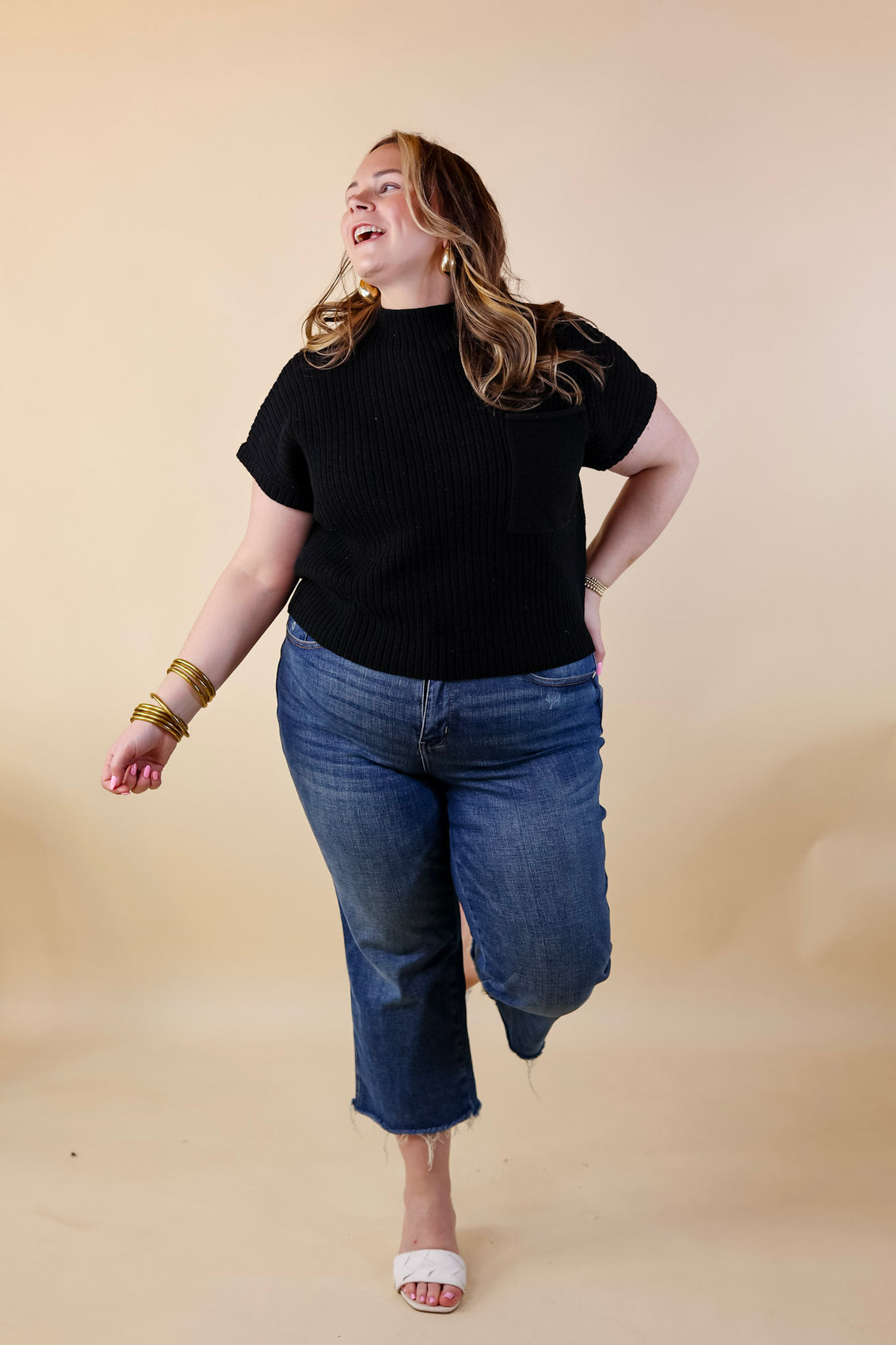 City Sights Cap Sleeve Summer Sweater Top with Pocket in Black - Giddy Up Glamour Boutique