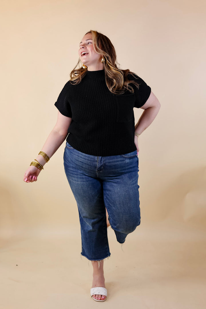 City Sights Cap Sleeve Summer Sweater Top with Pocket in Black - Giddy Up Glamour Boutique