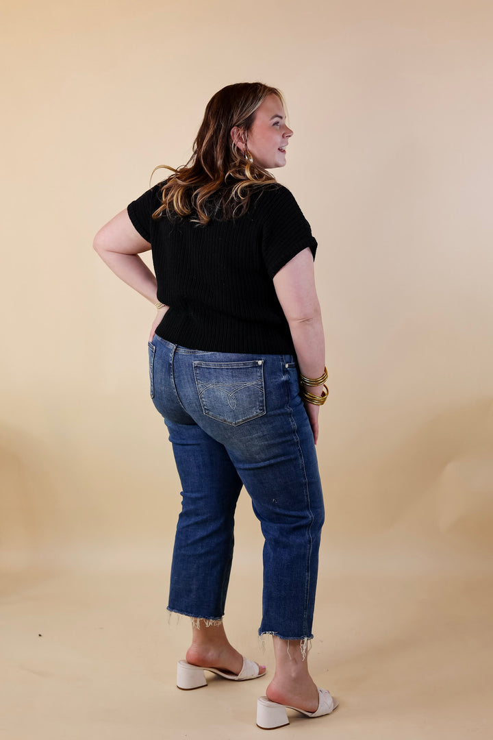 City Sights Cap Sleeve Summer Sweater Top with Pocket in Black - Giddy Up Glamour Boutique