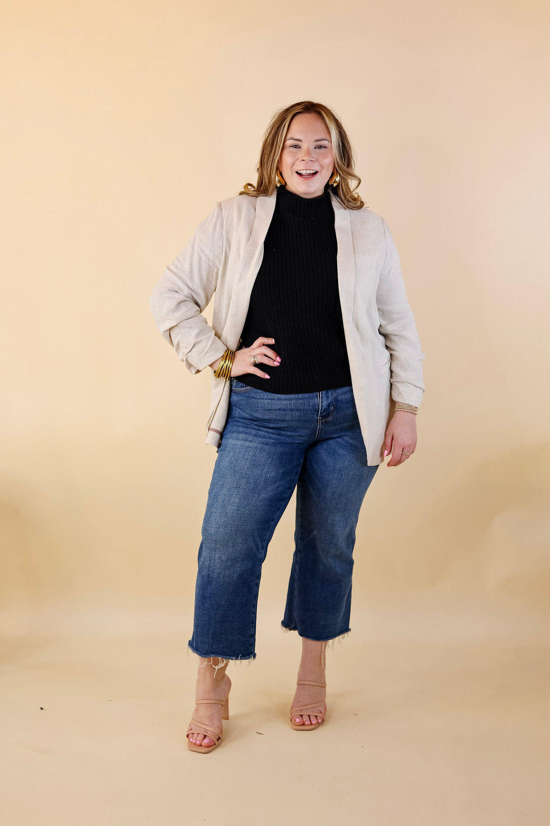 Promise Me Open Front Linen Blazer in Beige - Giddy Up Glamour Boutique