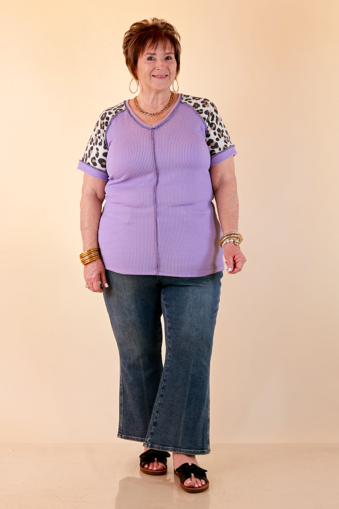 Easy Attraction Waffle Knit V Neck Top with Leopard Print Sleeves in Lavender Purple