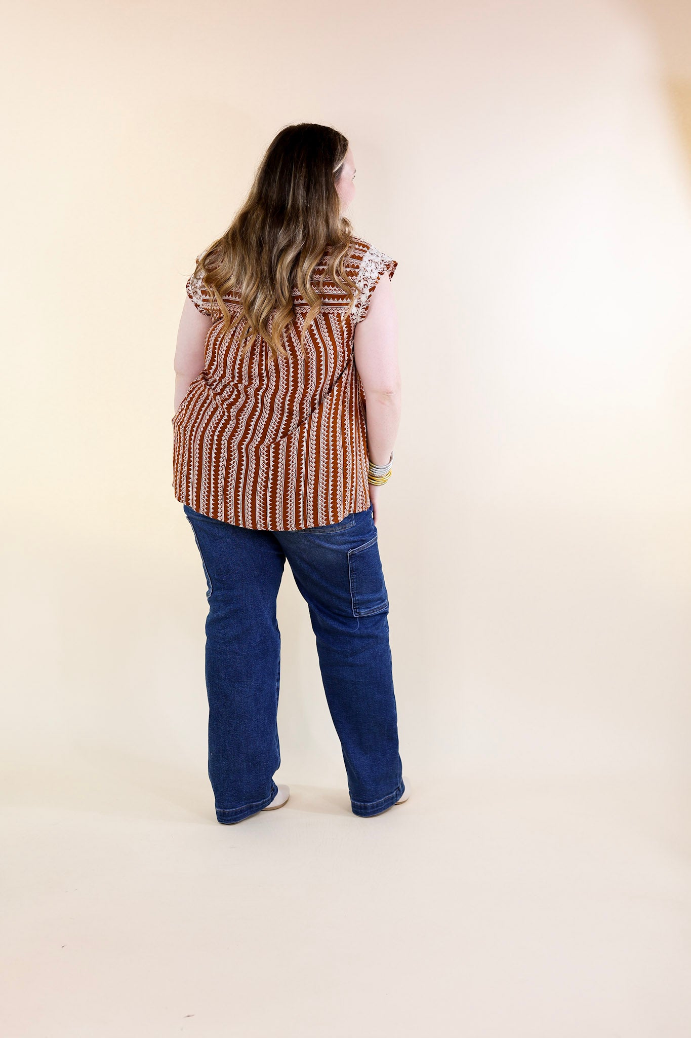 Afternoon Stroll Embroidered Tribal Top with Cap Sleeves in Rust Brown