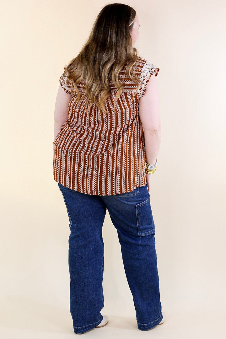 Afternoon Stroll Embroidered Tribal Top with Cap Sleeves in Rust Brown
