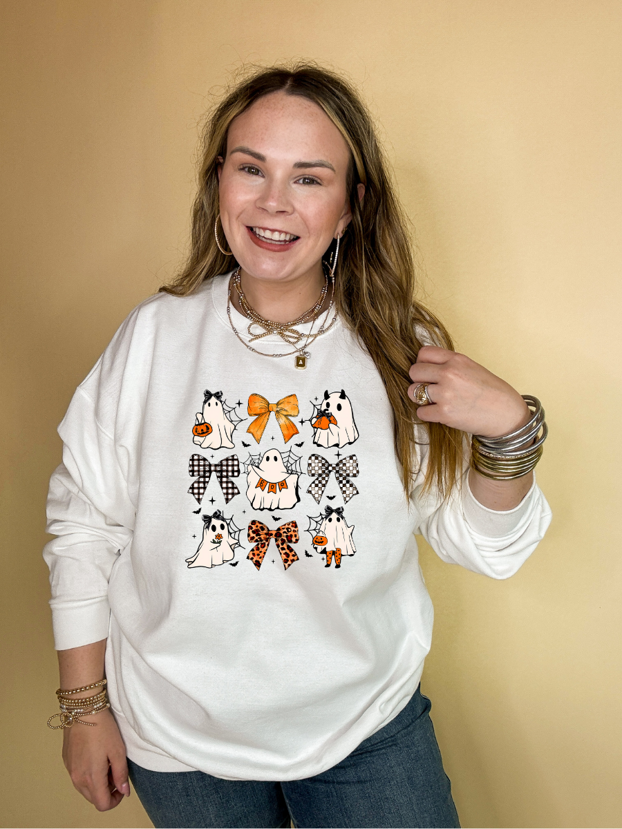 Online Exclusive | Boo-tiful Bow Icon and Trick Or Treating Ghost Graphic Sweatshirt in Multiple Color Options