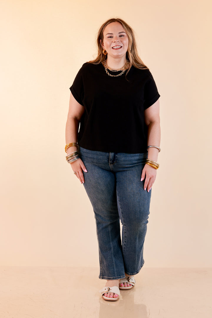 Laidback Luxe Rolled Drop Sleeve Relaxed Fit Basic Short Sleeve Top in Black
