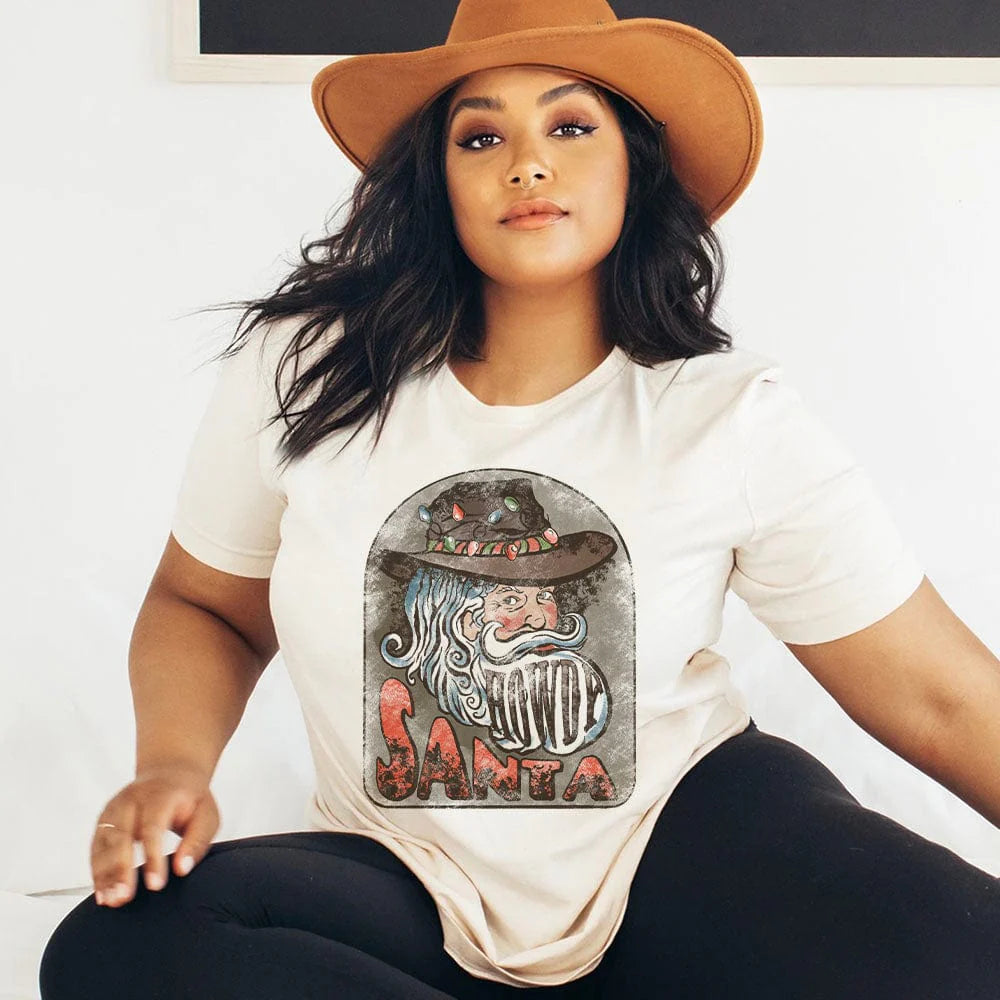 Online Exclusive | Howdy Western Santa Christmas Graphic Tee in Cream - Giddy Up Glamour Boutique