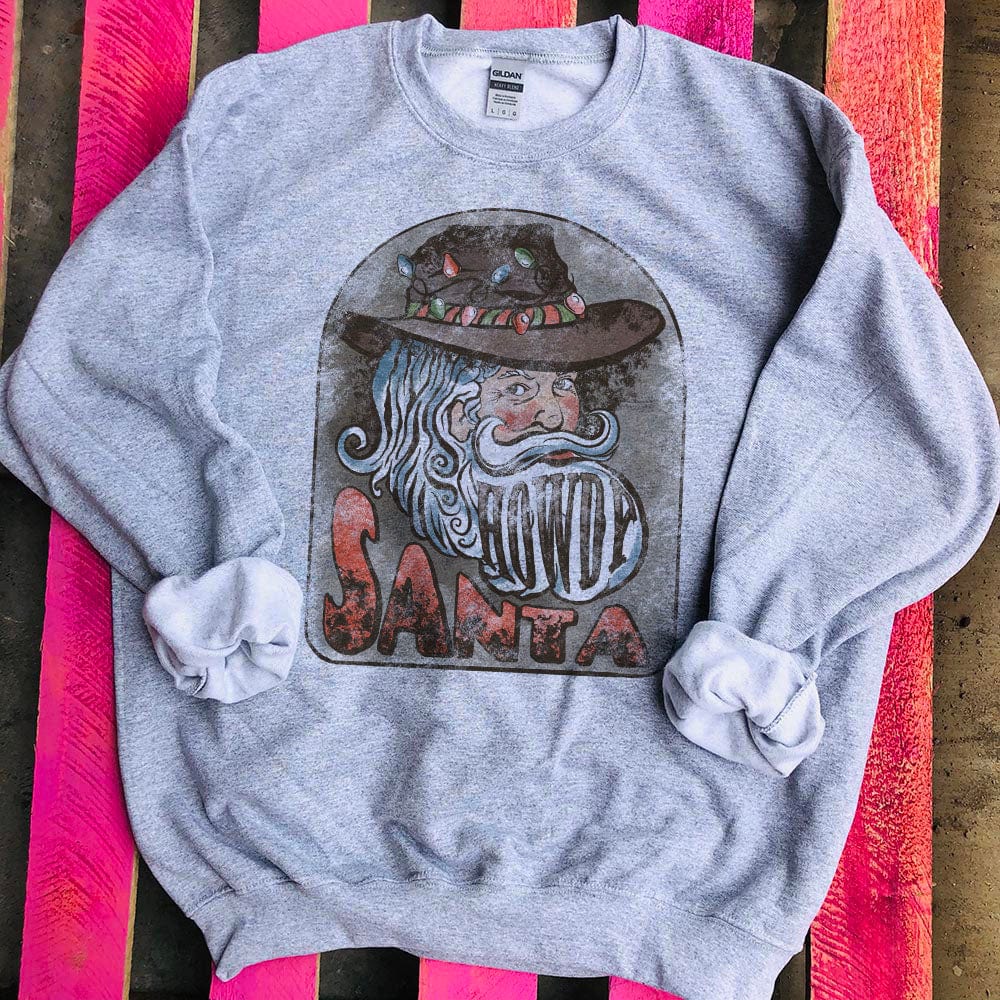 Online Exclusive | Howdy Western Santa Christmas Long Sleeve Graphic Sweatshirt in Heather Grey - Giddy Up Glamour Boutique