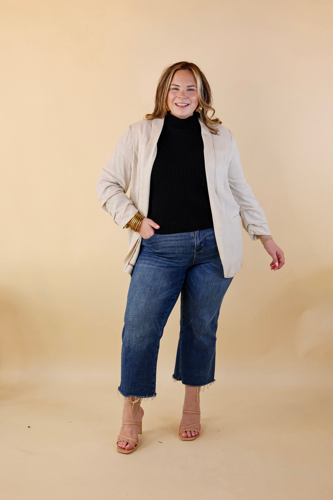 Promise Me Open Front Linen Blazer in Beige - Giddy Up Glamour Boutique